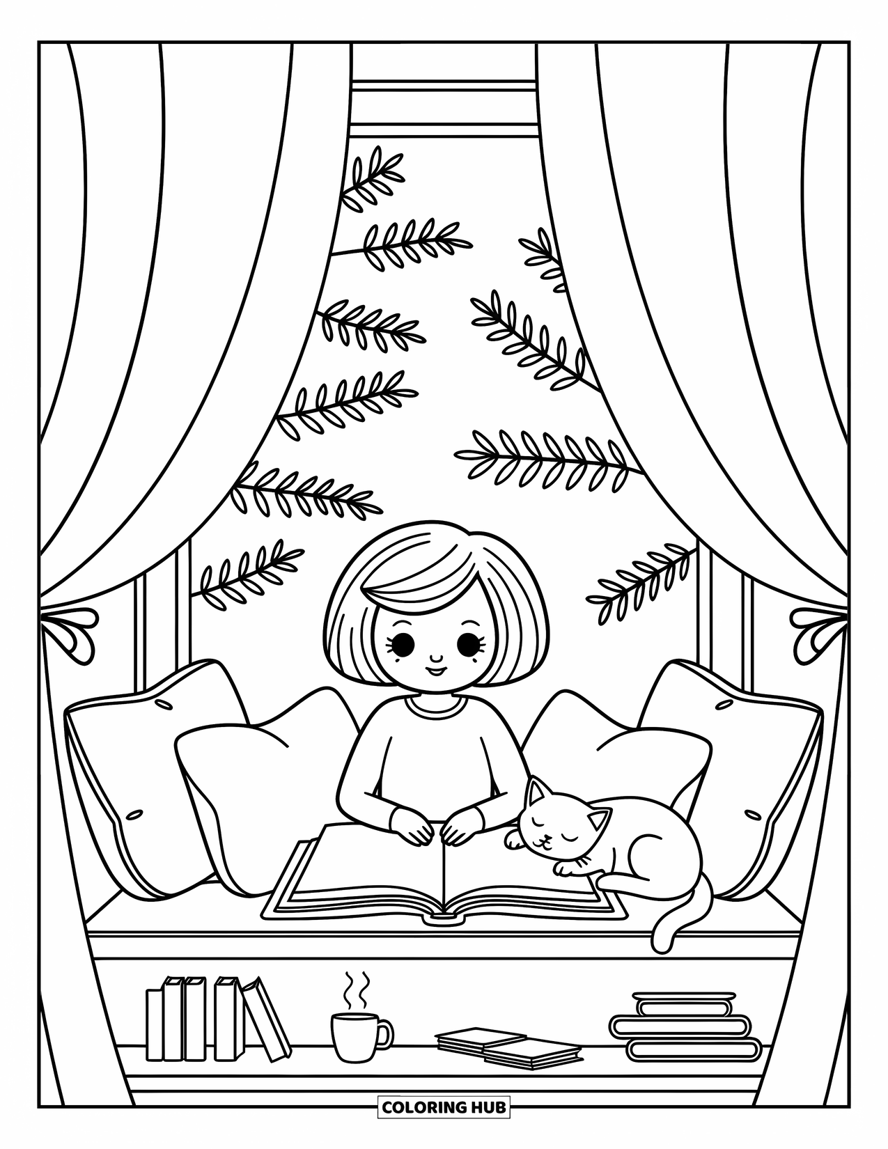 Reading Coloring Page for Adults: A child reads in a soft window nook with a cat curled beside