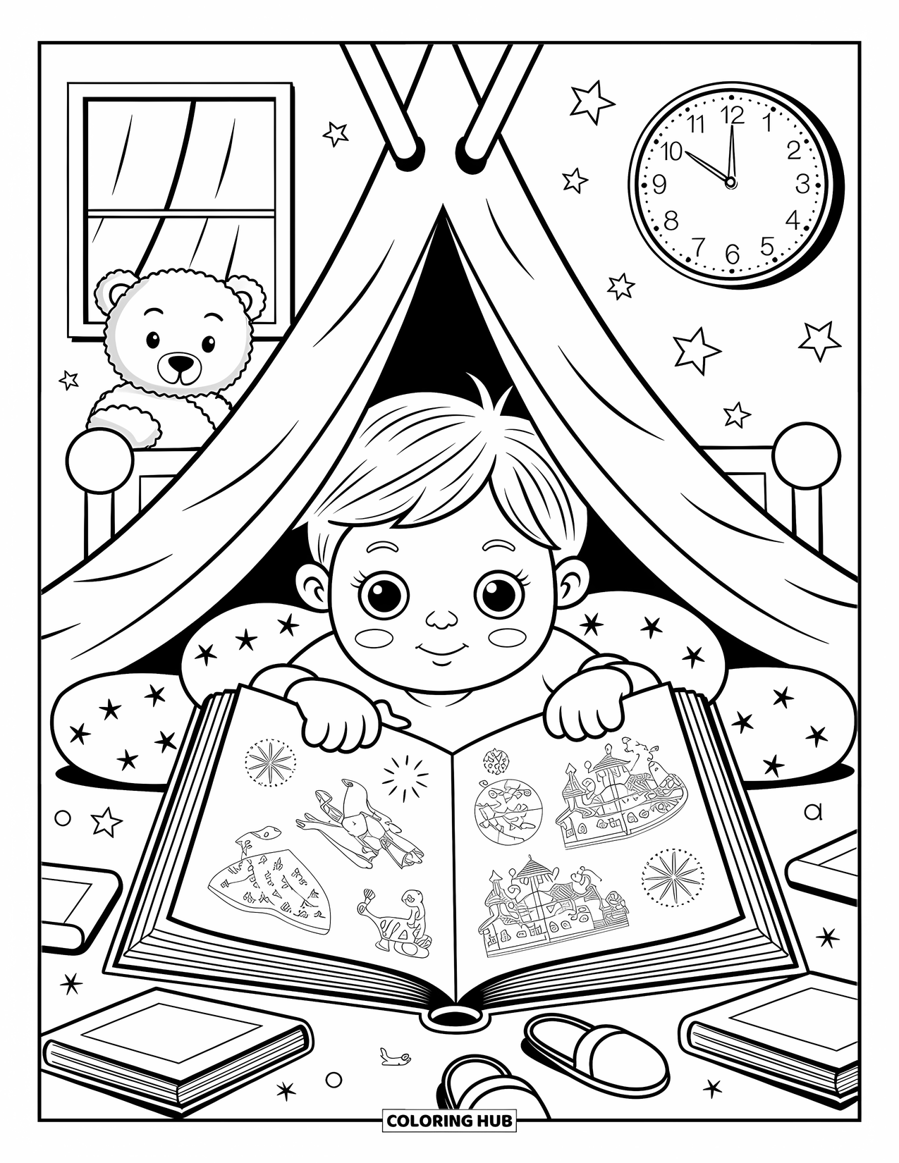 Reading Coloring Page for Adults: A child reads in bed under a glowing blanket fort with a teddy bear