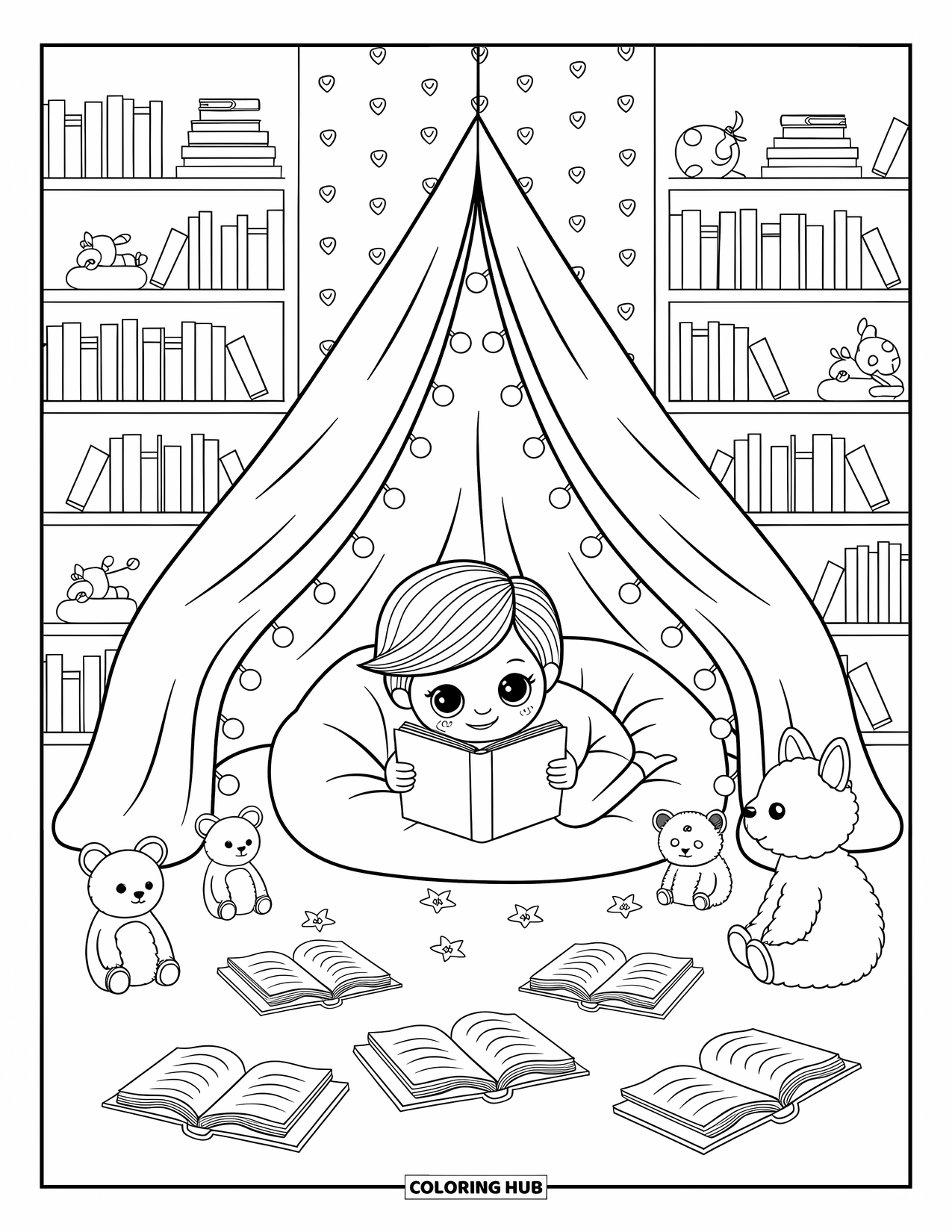 Reading Coloring Page for Adults: A child reads inside a glowing blanket fort surrounded by toys