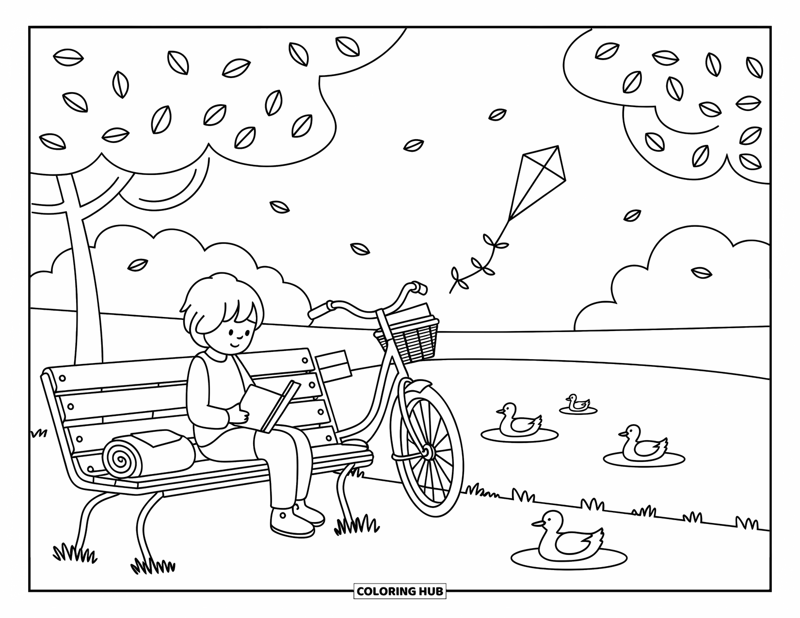 Reading Coloring Page for Adults: A child reads on a park bench with a bike and kite nearby
