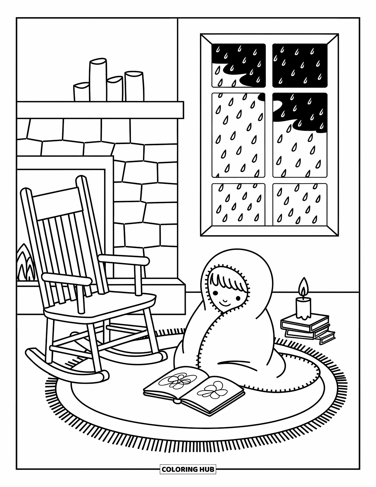 Reading Coloring Page for Adults: A child reads on a rug by the fire with a candle glowing nearby