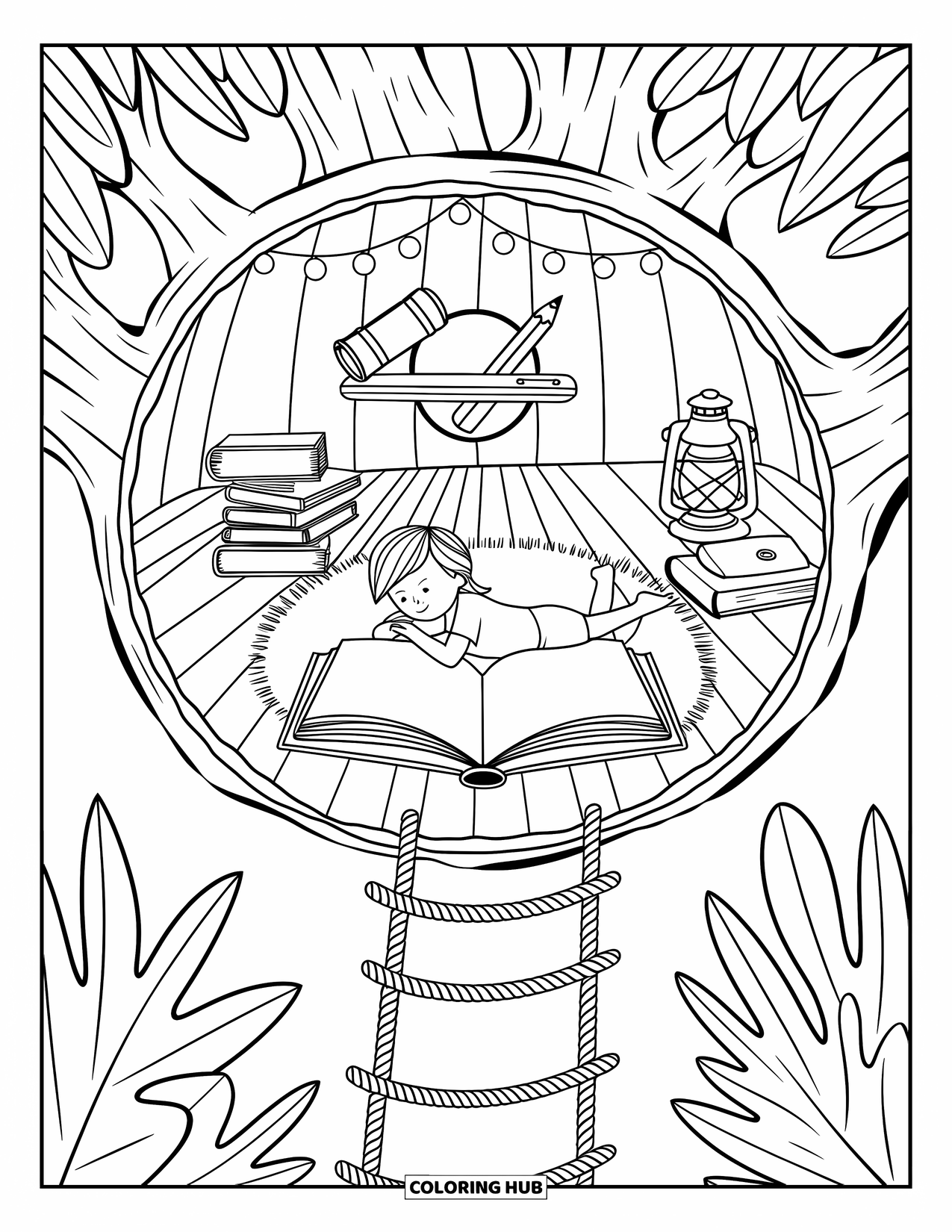 Reading Coloring Page for Adults: A cozy treehouse scene shows a child reading beside glowing lights