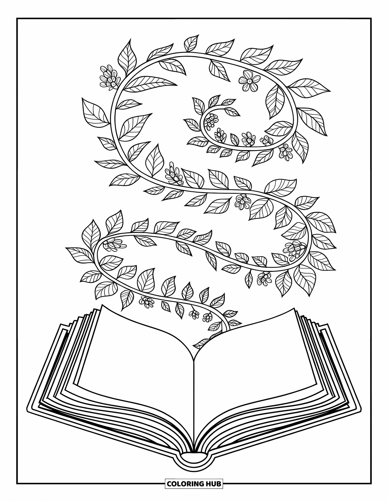 Reading Coloring Page for Adults: A floating open book is surrounded by spiraling floral vines