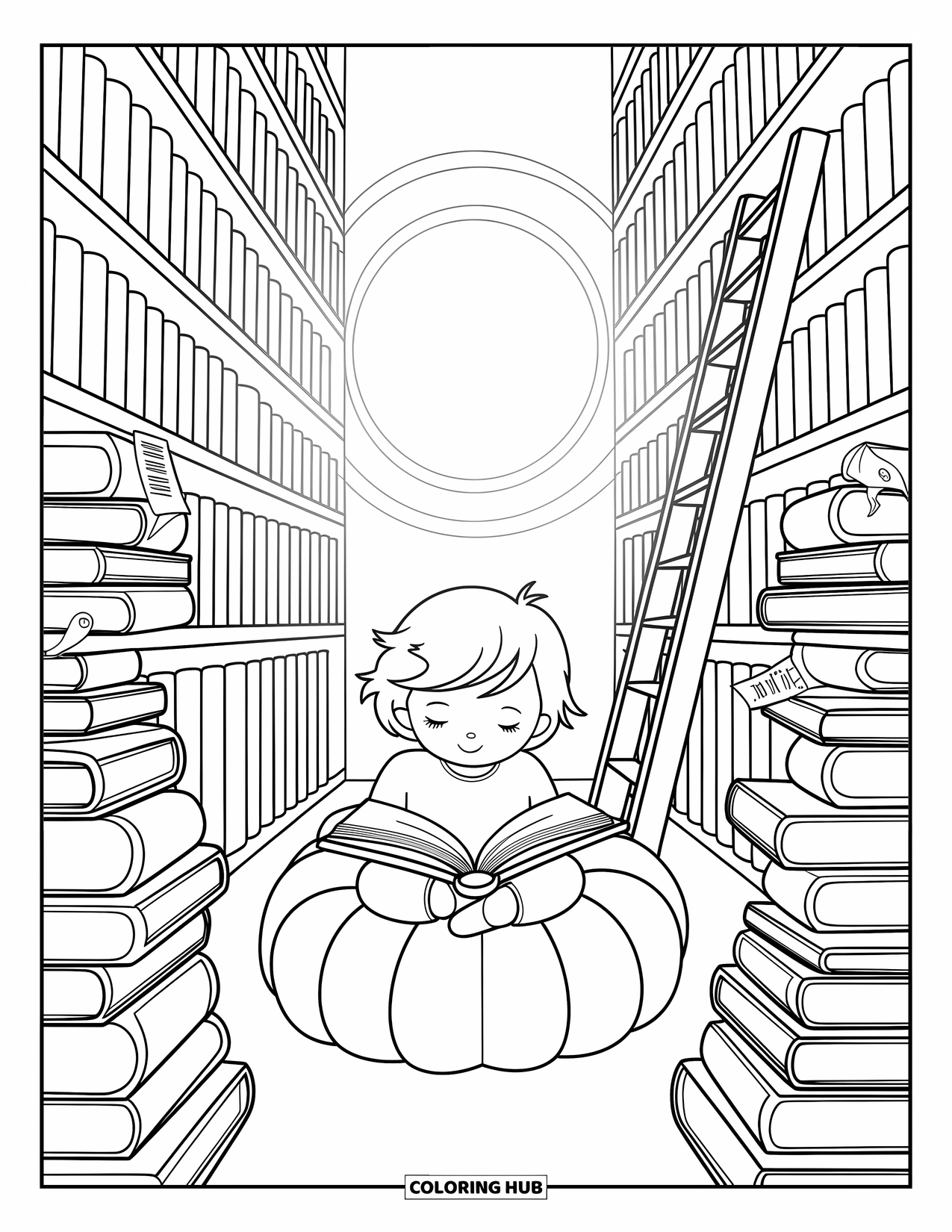 Reading Coloring Page for Adults: A peaceful library glows as a child reads beside towering shelves