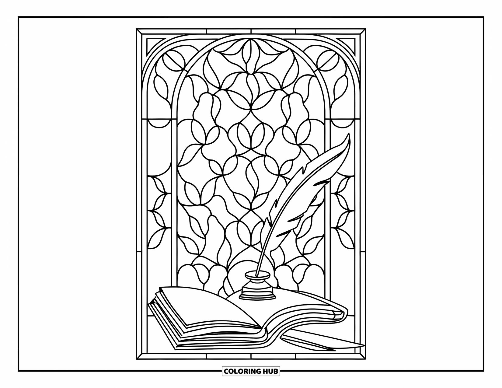 Reading Coloring Page for Adults: A quill and inkwell rest beside an open diary under floral stained glass