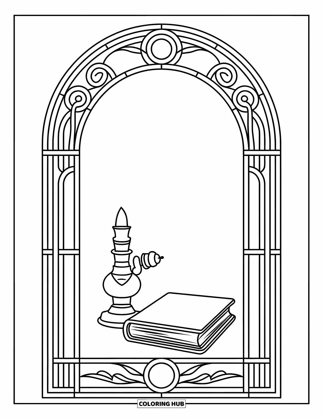 Reading Coloring Page for Adults: A vintage lamp and book sit framed by a patterned stained glass arch