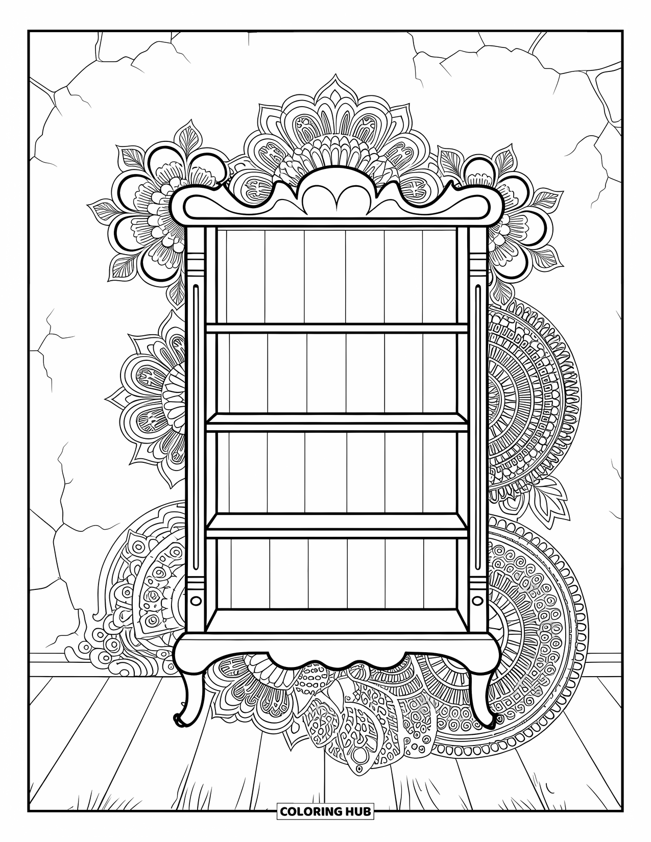 Reading Coloring Page for Adults: An antique bookshelf is wrapped with floral mandala patterns