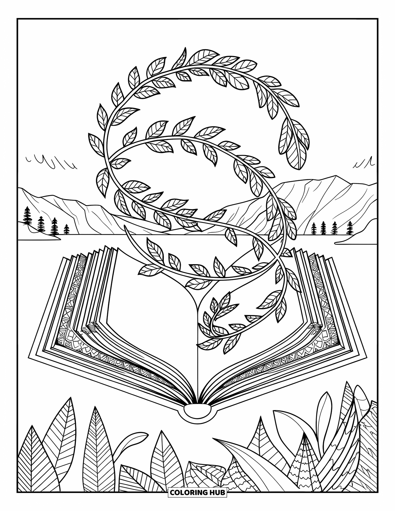 Reading Coloring Page for Adults: An open book with vines and leaves floats above a serene landscape
