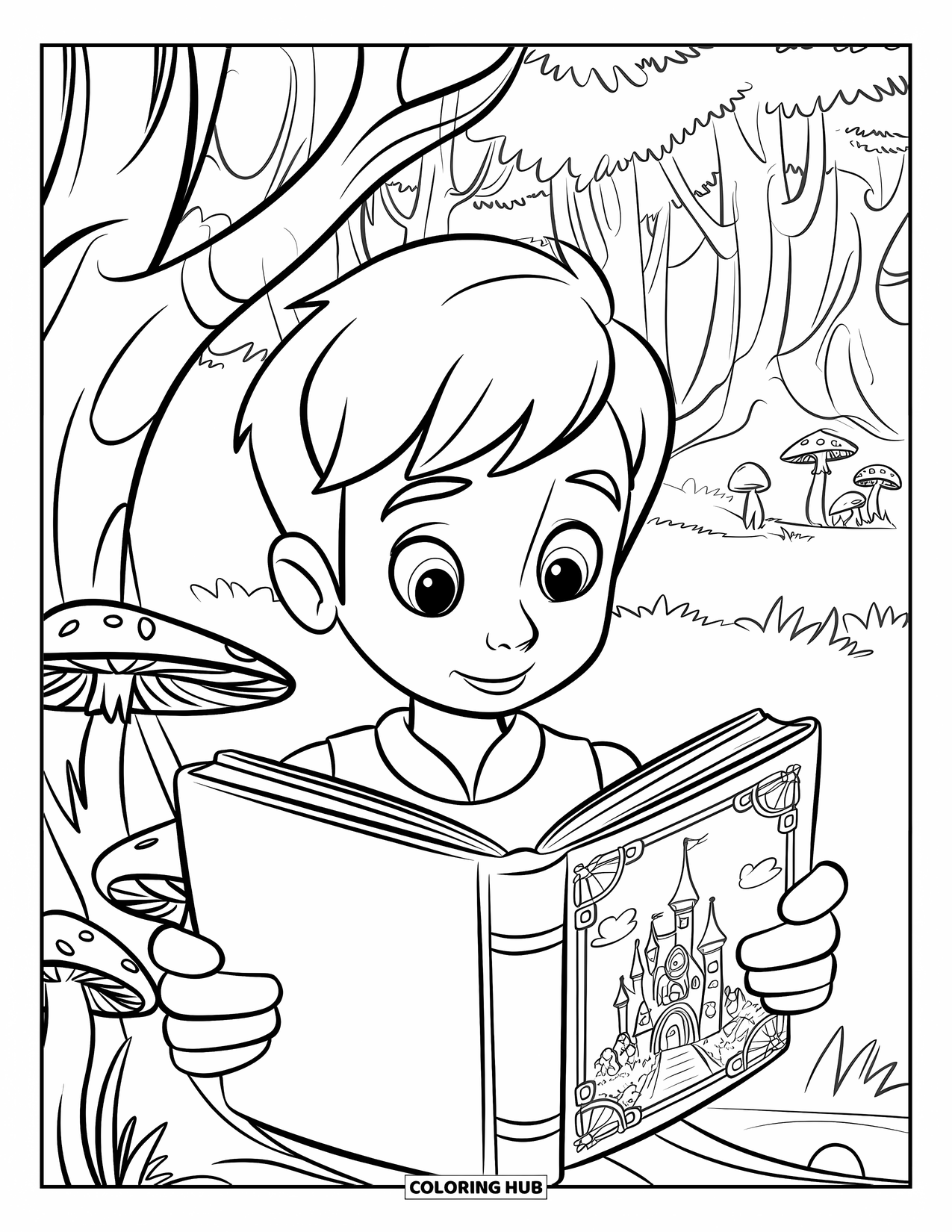 Reading Coloring Page for Kids: A boy reads a fantasy book beneath a tree with mushrooms