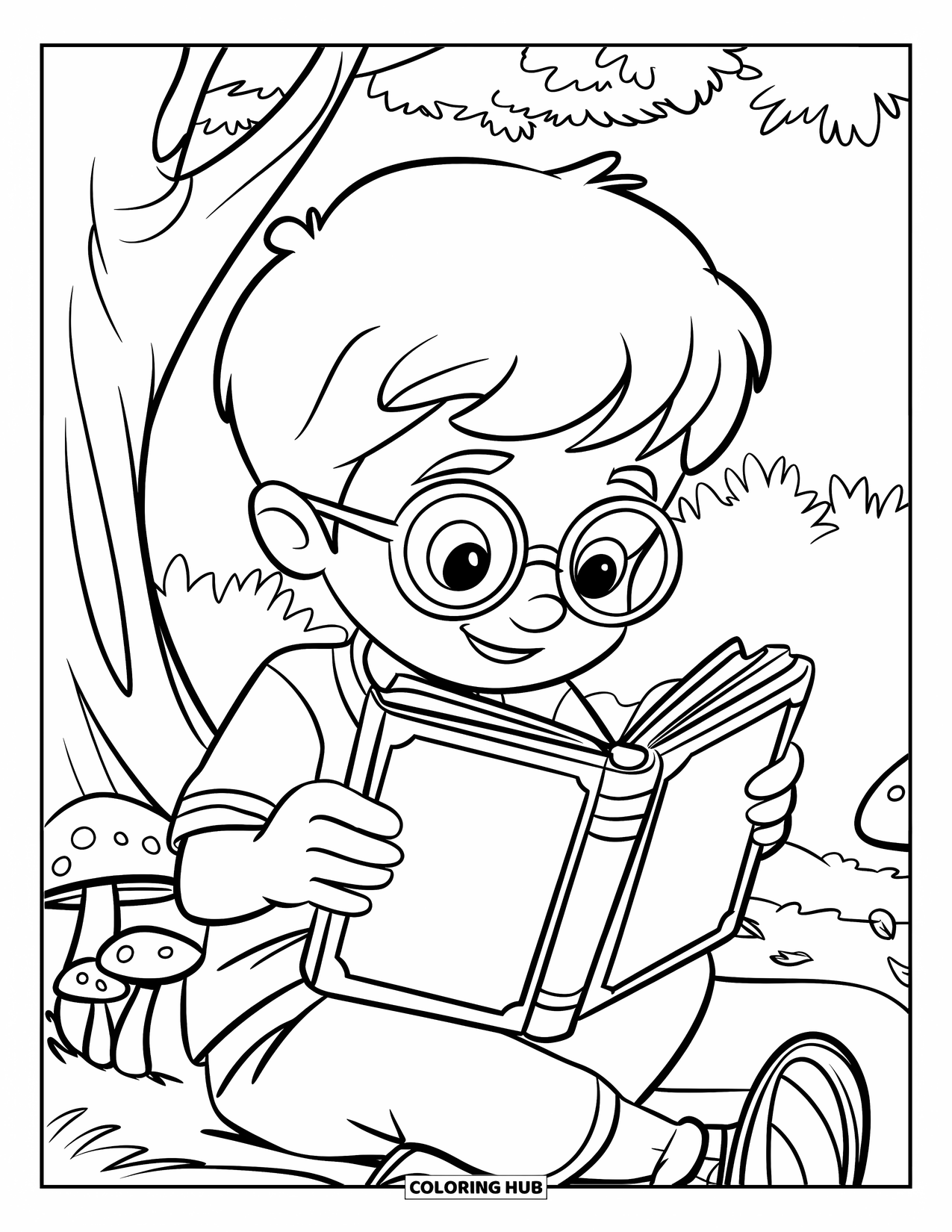 Reading Coloring Page for Kids: A boy reads a fantasy book under a tree with mushrooms nearby