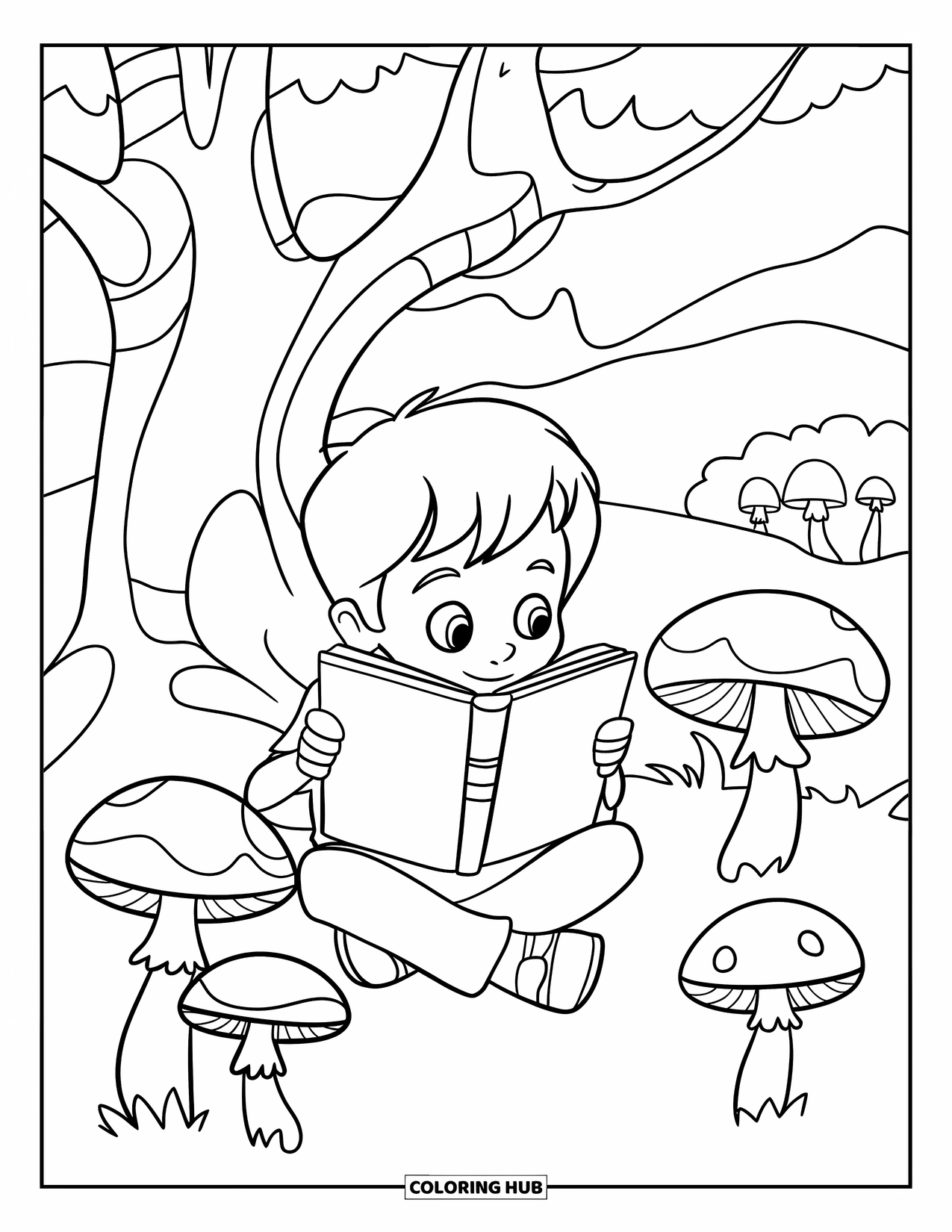 Reading Coloring Page for Kids: A boy reads under a tree beside mushrooms and a small hill