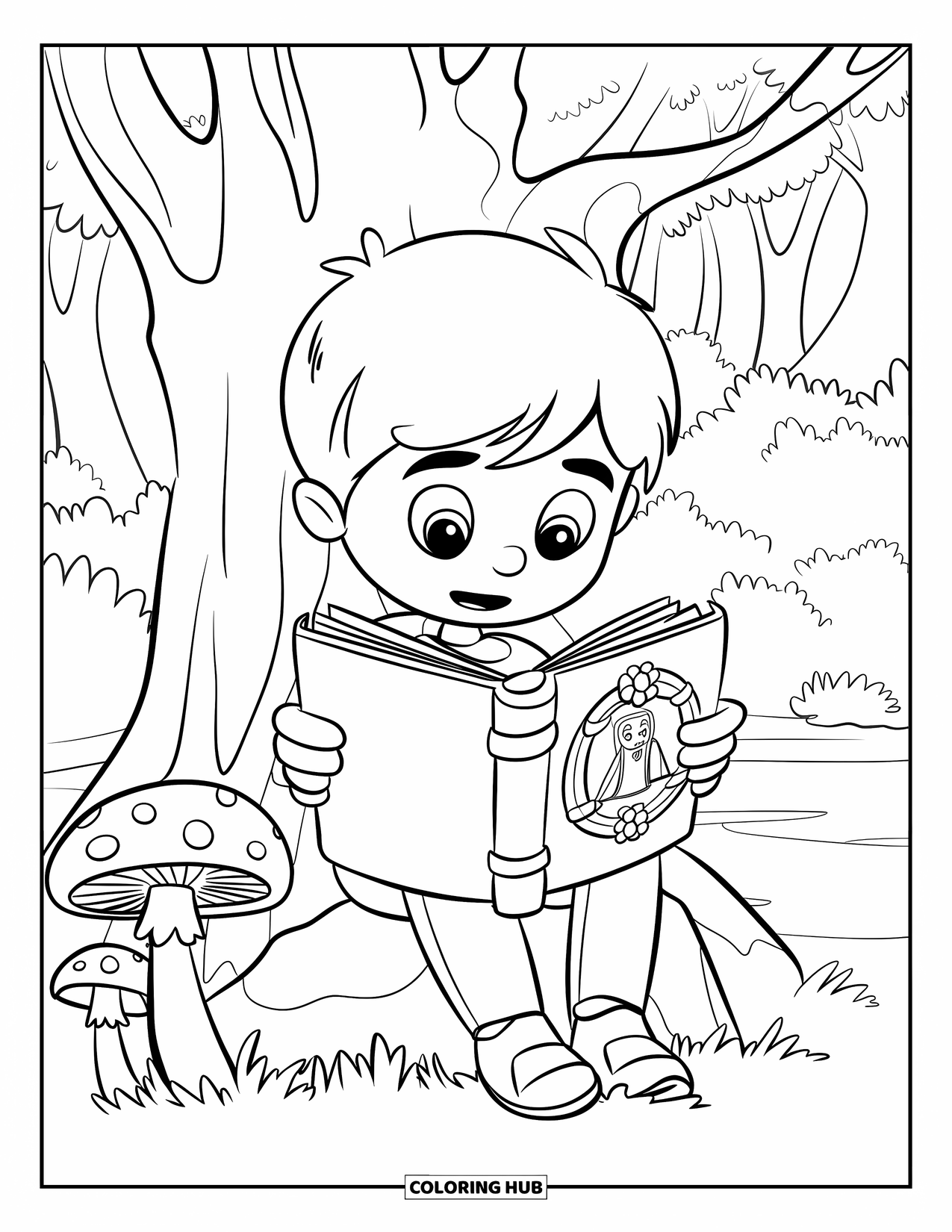 Reading Coloring Page for Kids: A boy reads under a tree surrounded by mushrooms and roots