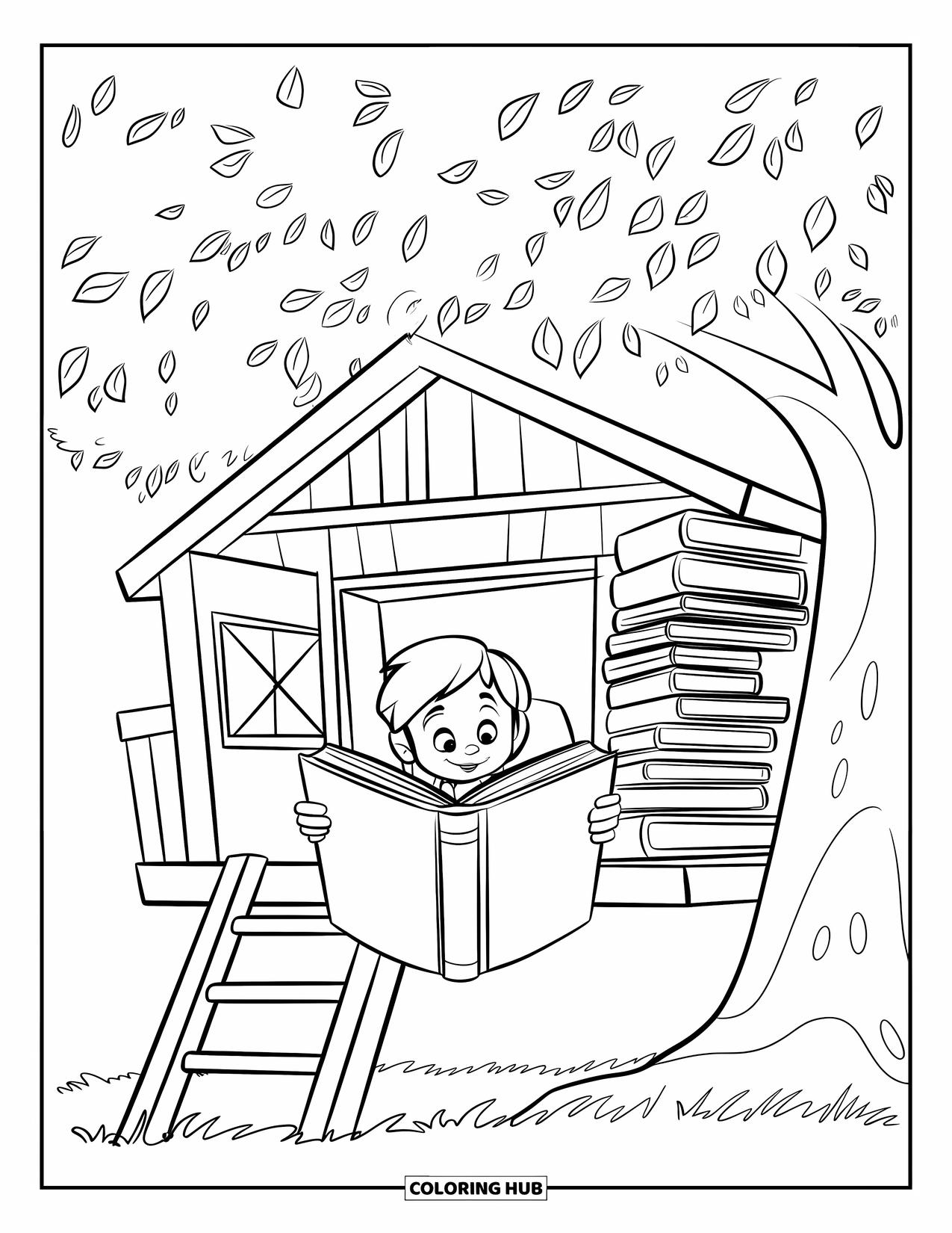 Reading Coloring Page for Kids: A child reads a large book in a cozy treehouse among leaves