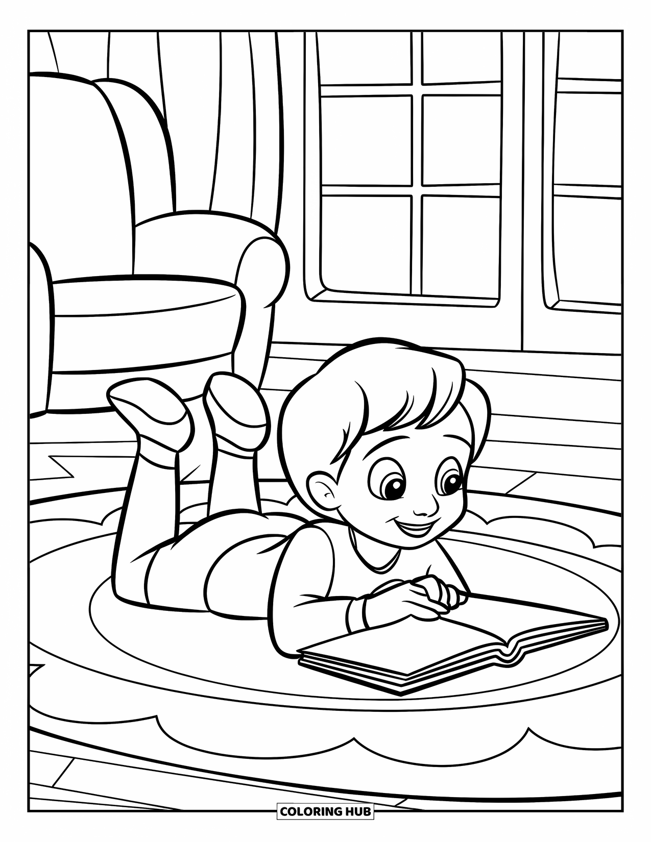 Reading Coloring Page for Kids: A child reads in a cozy room with their feet in the air