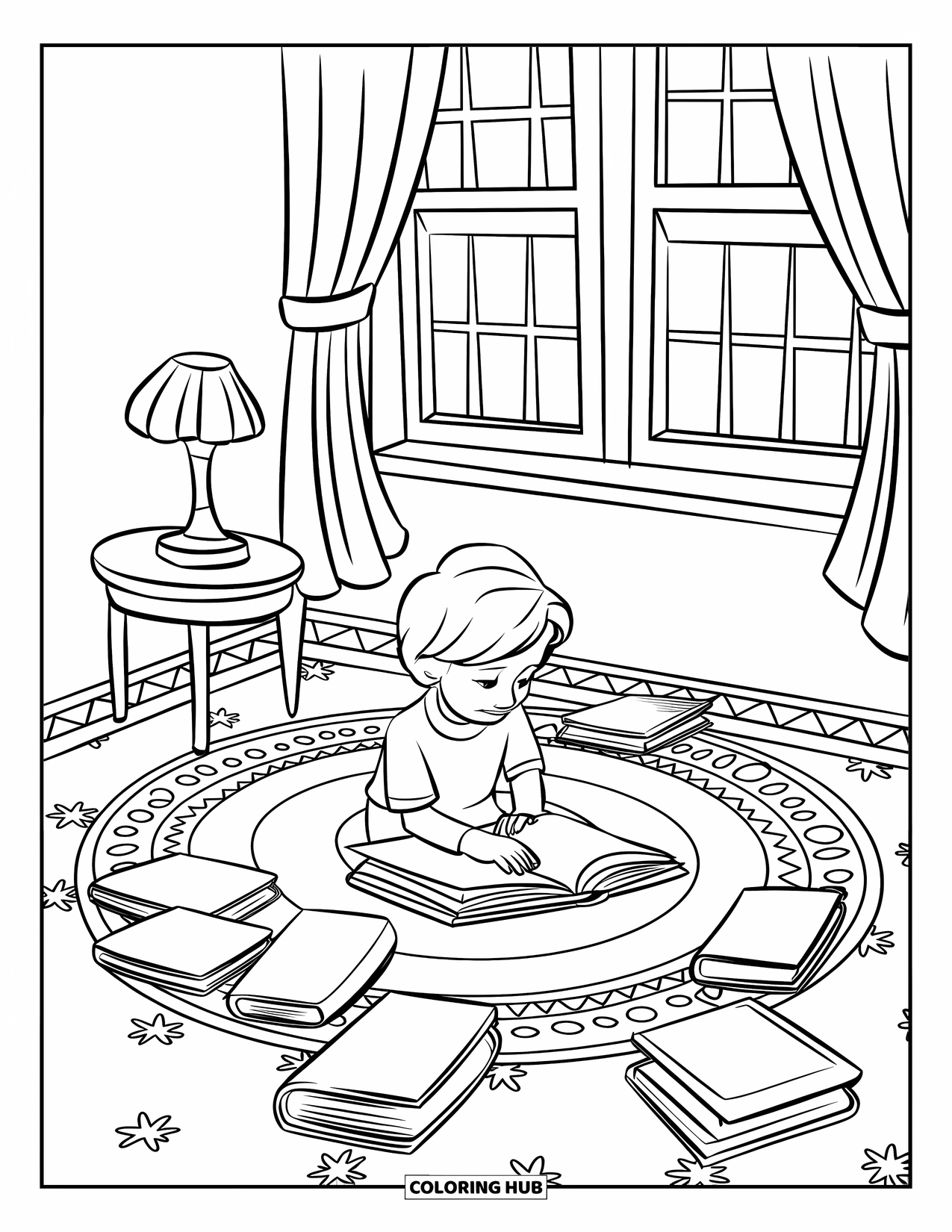 Reading Coloring Page for Kids: A child reads on a rug near a lamp and a curtained window