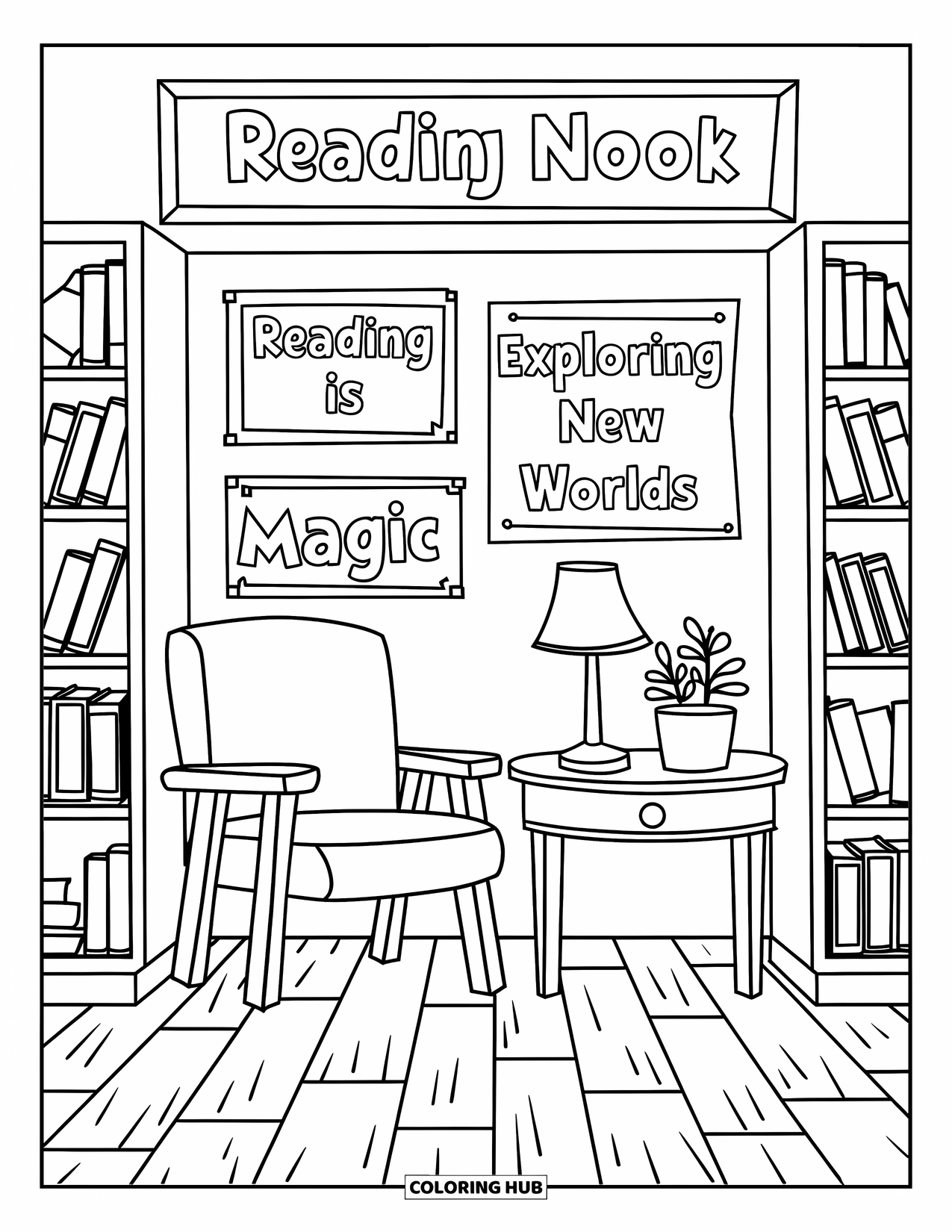 Reading Coloring Page for Kids: A classroom corner with bookshelves, posters, and a cozy chair