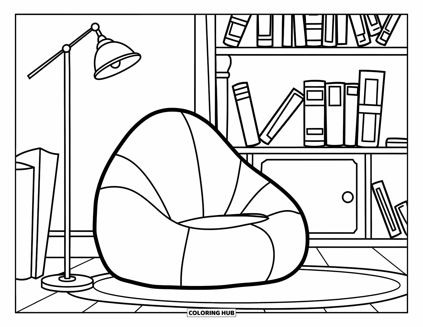 Reading Coloring Page for Kids: A cozy reading corner with a bean bag, books, and a lamp