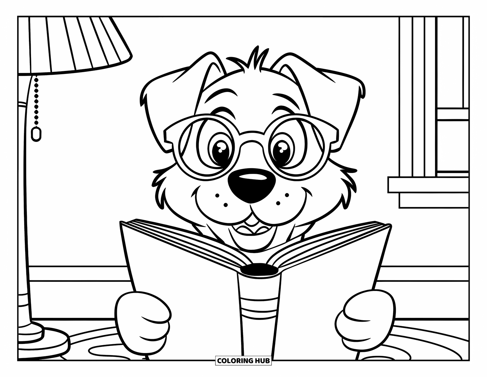Reading Coloring Page for Kids: A dog wearing glasses reads beside a lamp and window