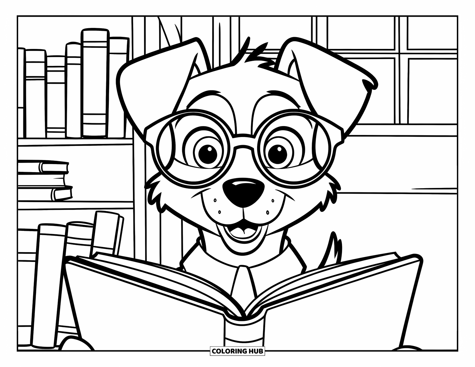 Reading Coloring Page for Kids: A dog wearing glasses reads in a cozy room with books