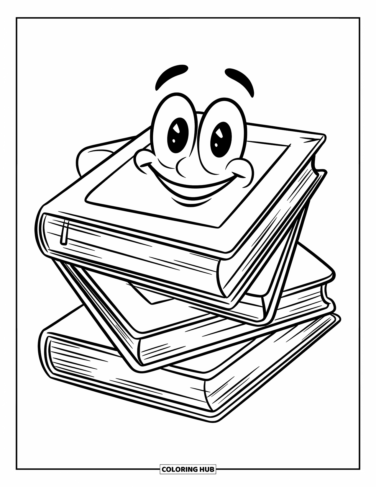 Reading Coloring Page for Kids: A pile of books with a happy face sits on a table