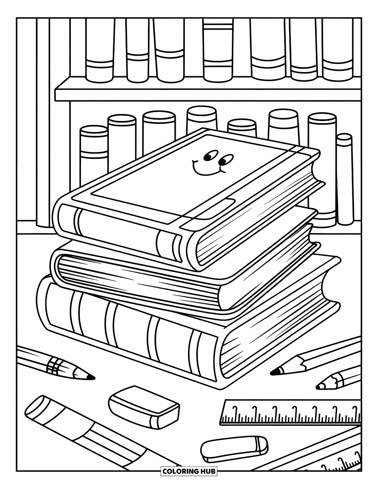 Reading Coloring Page for Kids: A smiling book rests on a stack surrounded by pencils and rulers