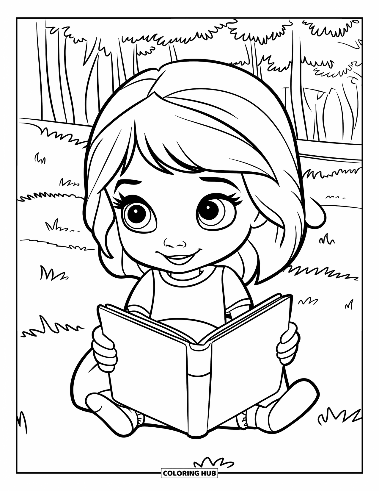 Reading Coloring Page for Kids: A smiling girl reads cross-legged under tall green trees