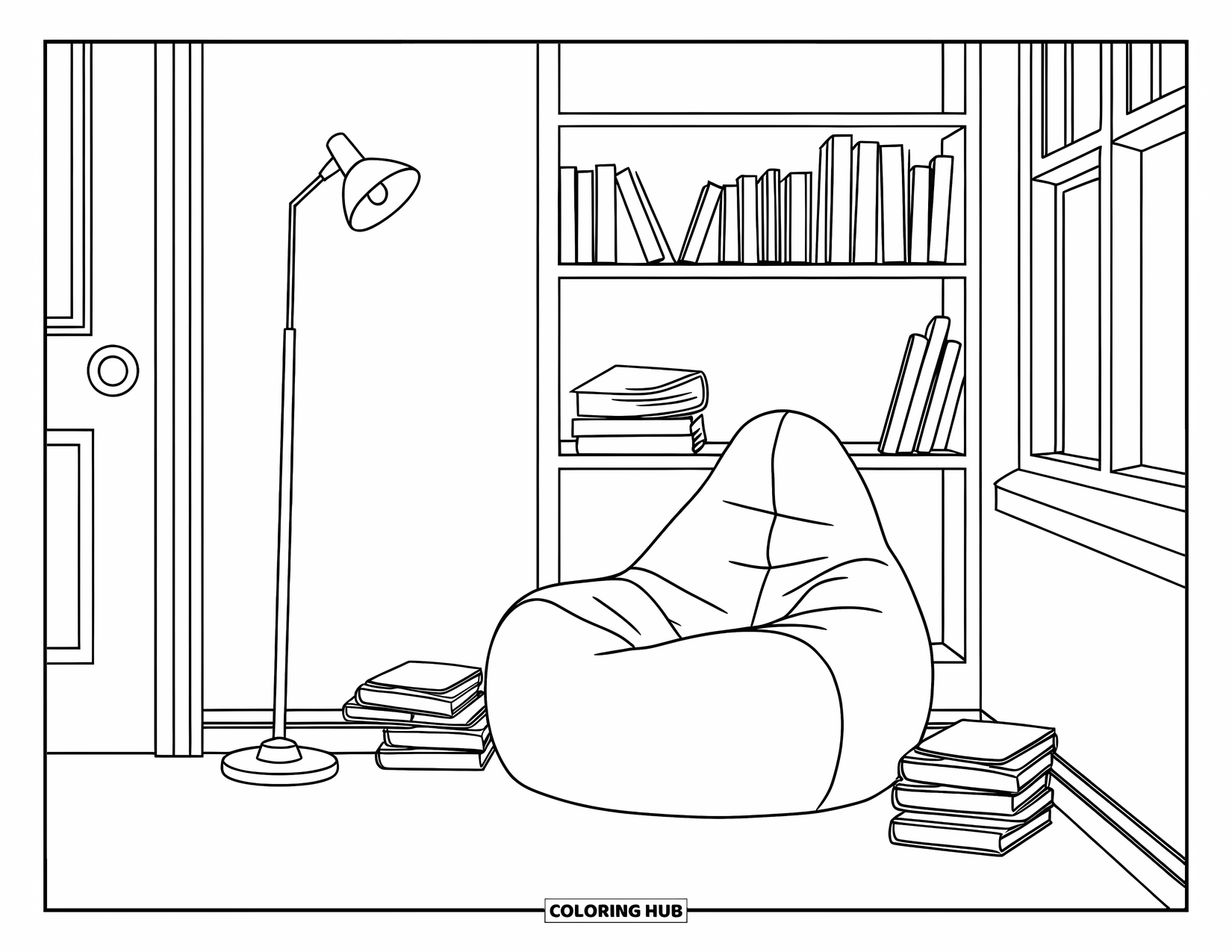 Reading Coloring Page for Kids: A soft reading corner with books, a lamp, and a quiet vibe