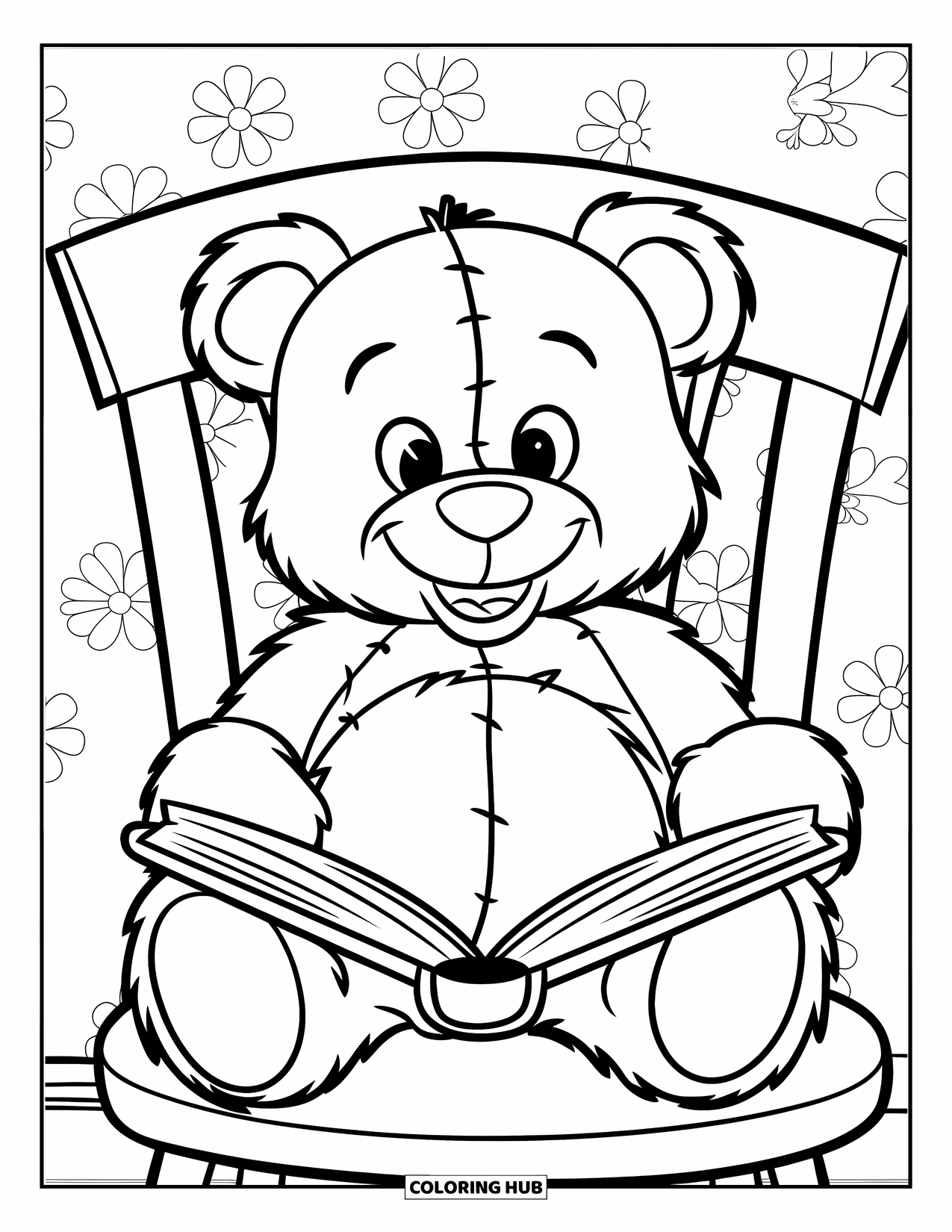Reading Coloring Page for Kids: A teddy bear sits on a chair reading a book happily