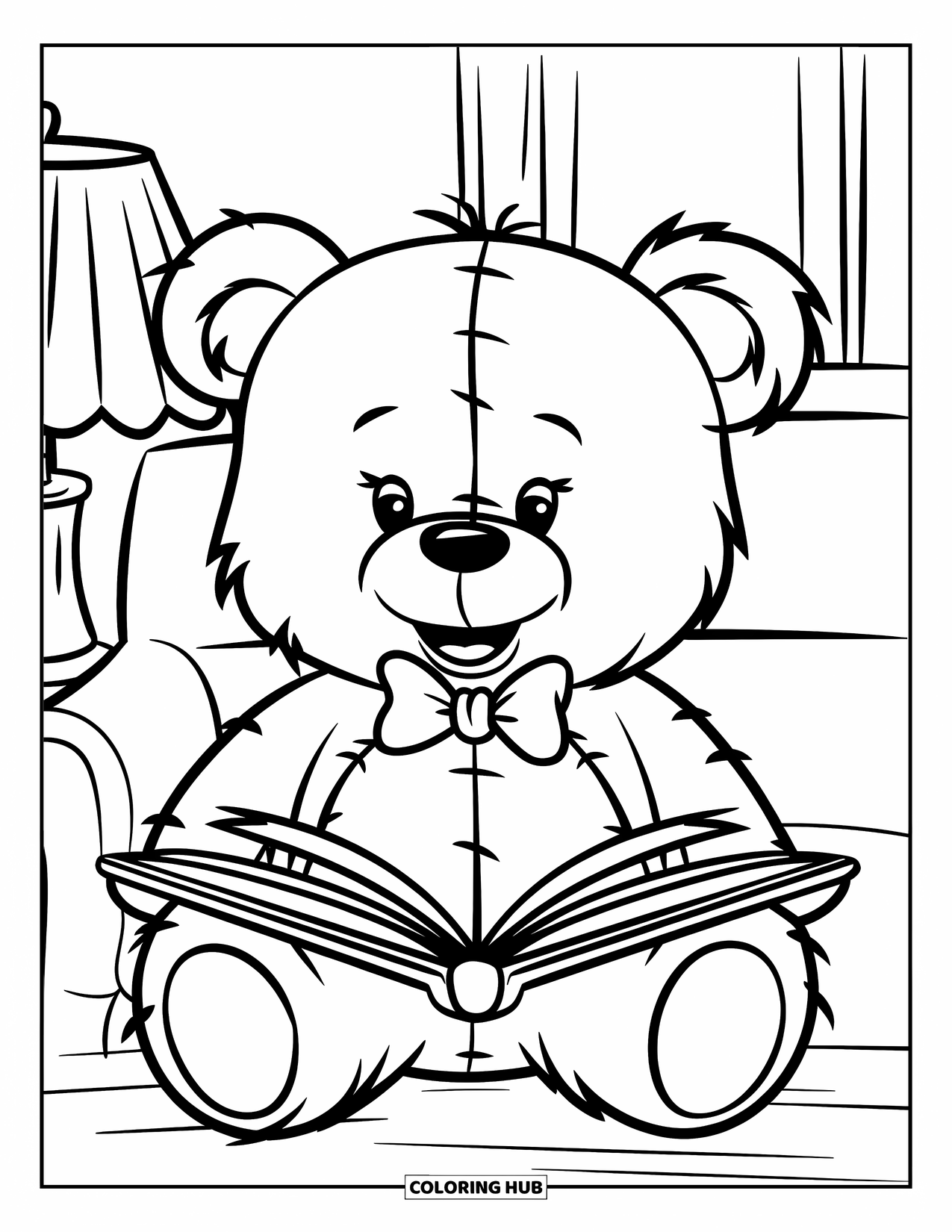 Reading Coloring Page for Kids: A teddy bear with a bowtie reads an open book in a room