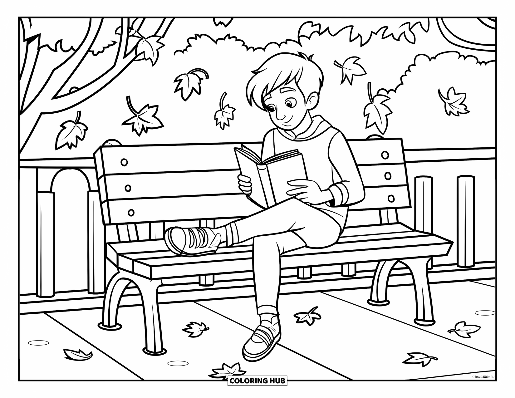 Reading Coloring Page for Kids: A teen enjoys a book on a park bench surrounded by colorful leaves
