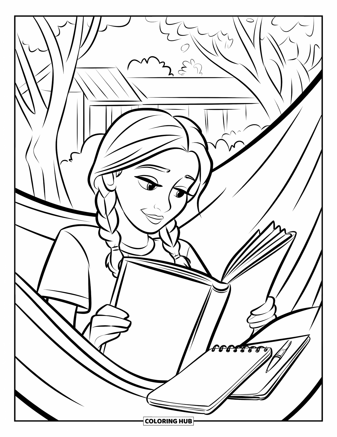 Reading Coloring Page for Kids: A teen girl reads in a hammock surrounded by trees and notebooks