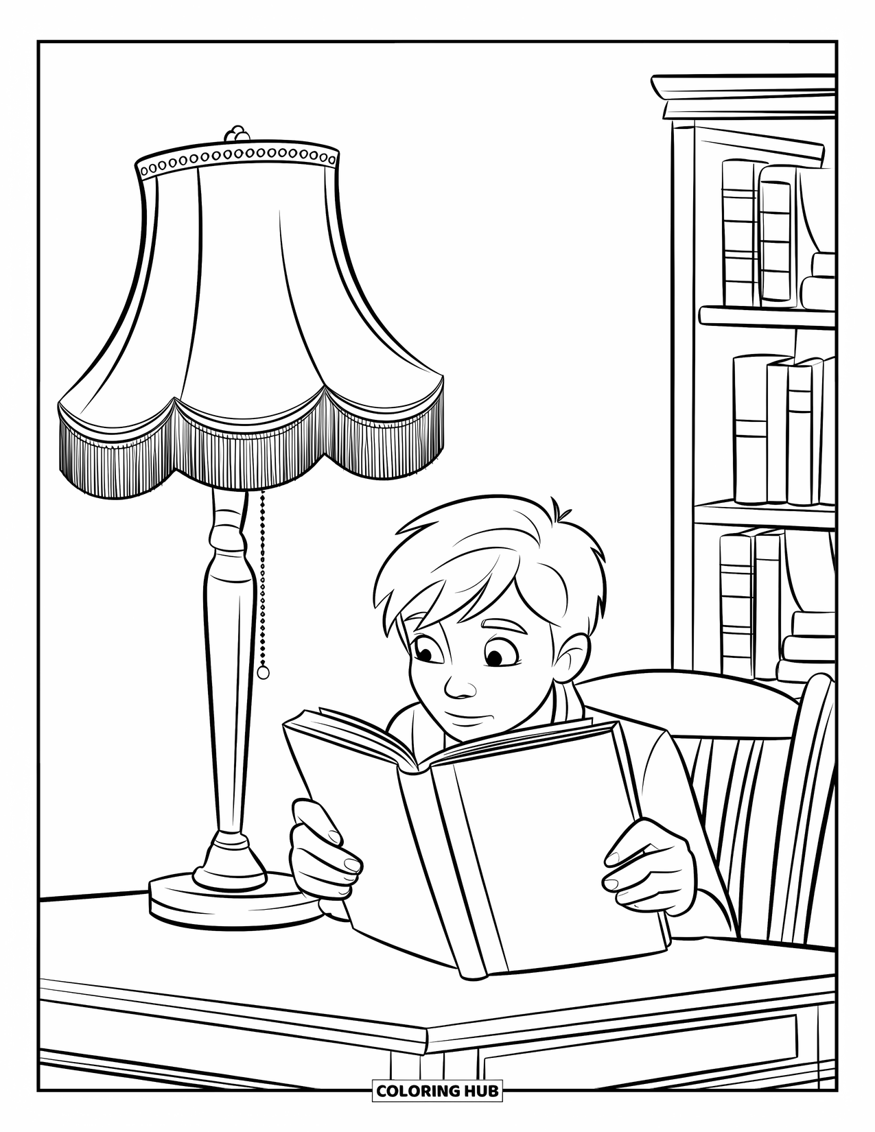 Reading Coloring Page for Kids: A teen reads a mystery under a lamp beside a bookshelf