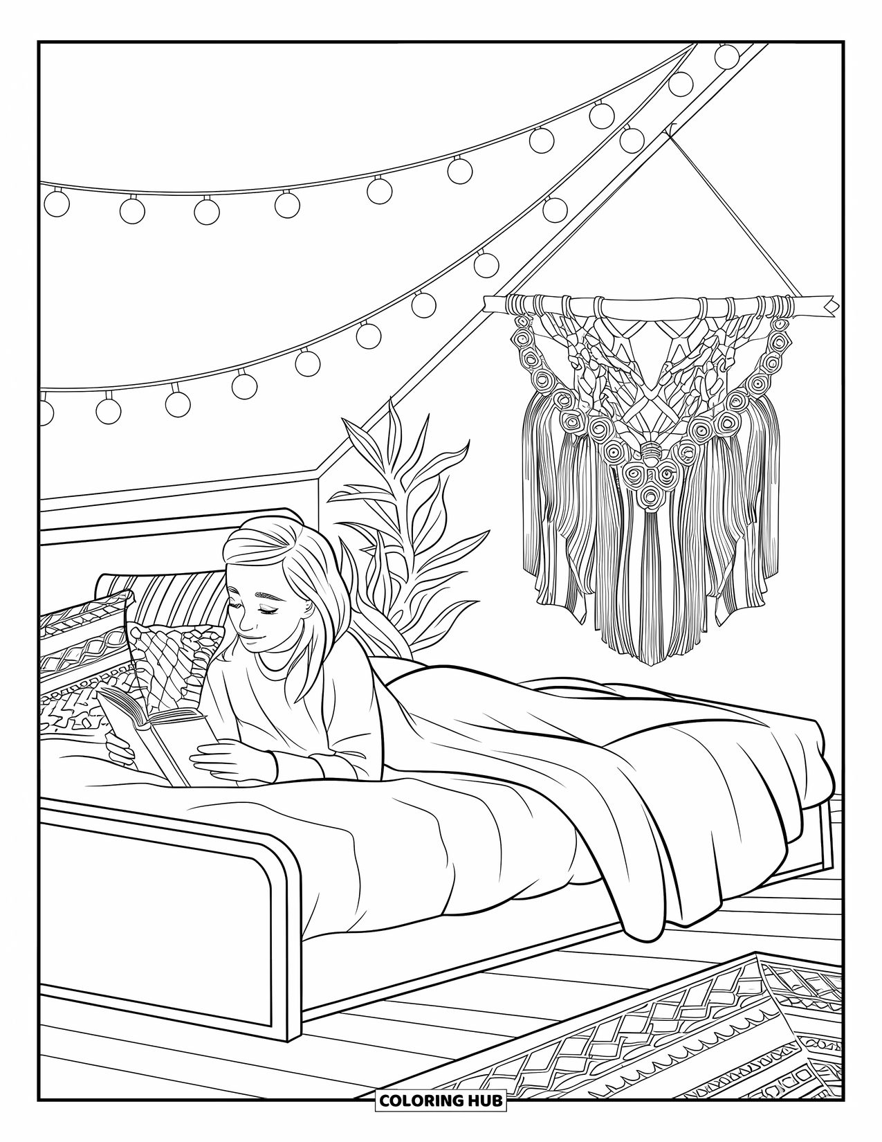 Reading Coloring Page for Kids: A teen reads on a bed with lights, plants, and boho decor