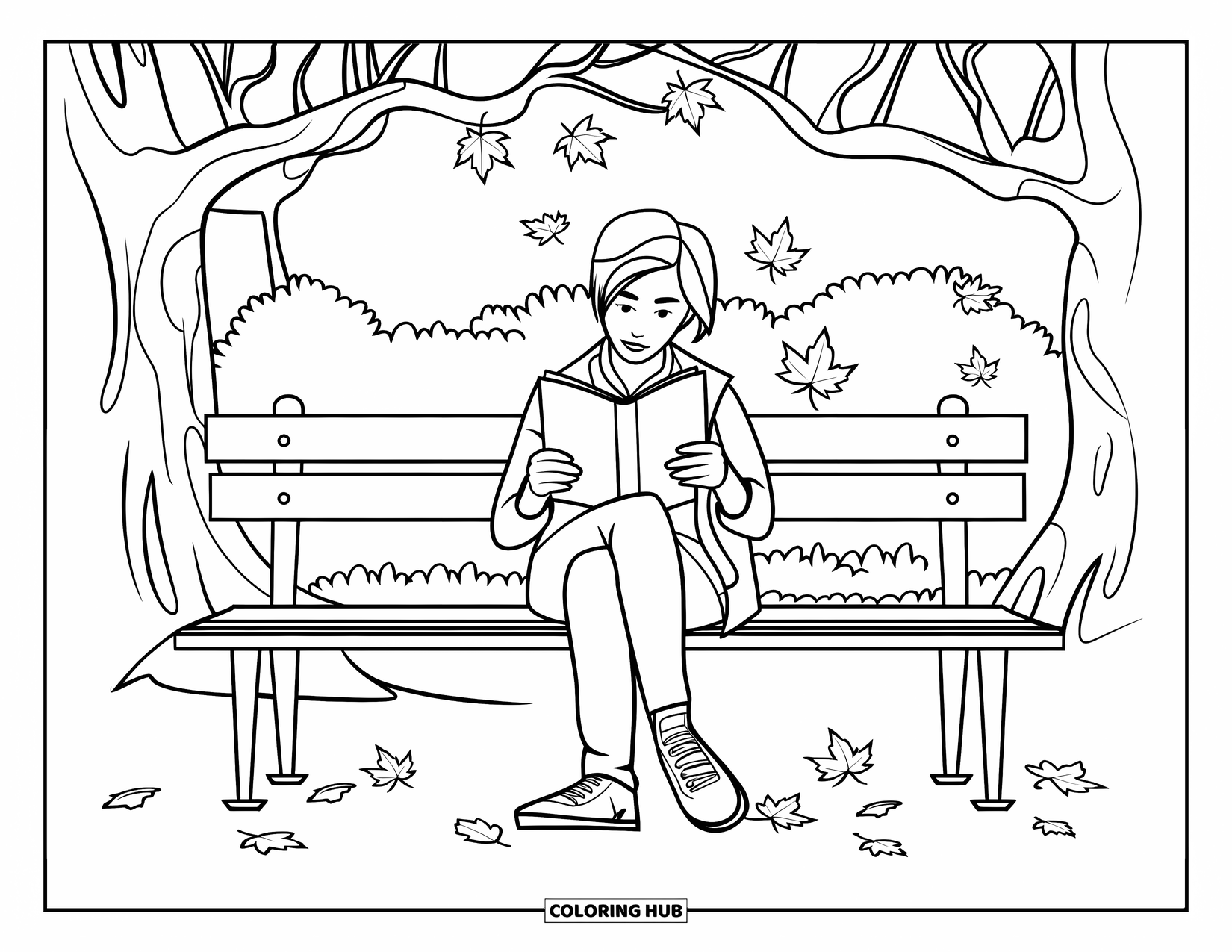 Reading Coloring Page for Kids: A teen reads on a park bench under trees with falling autumn leaves