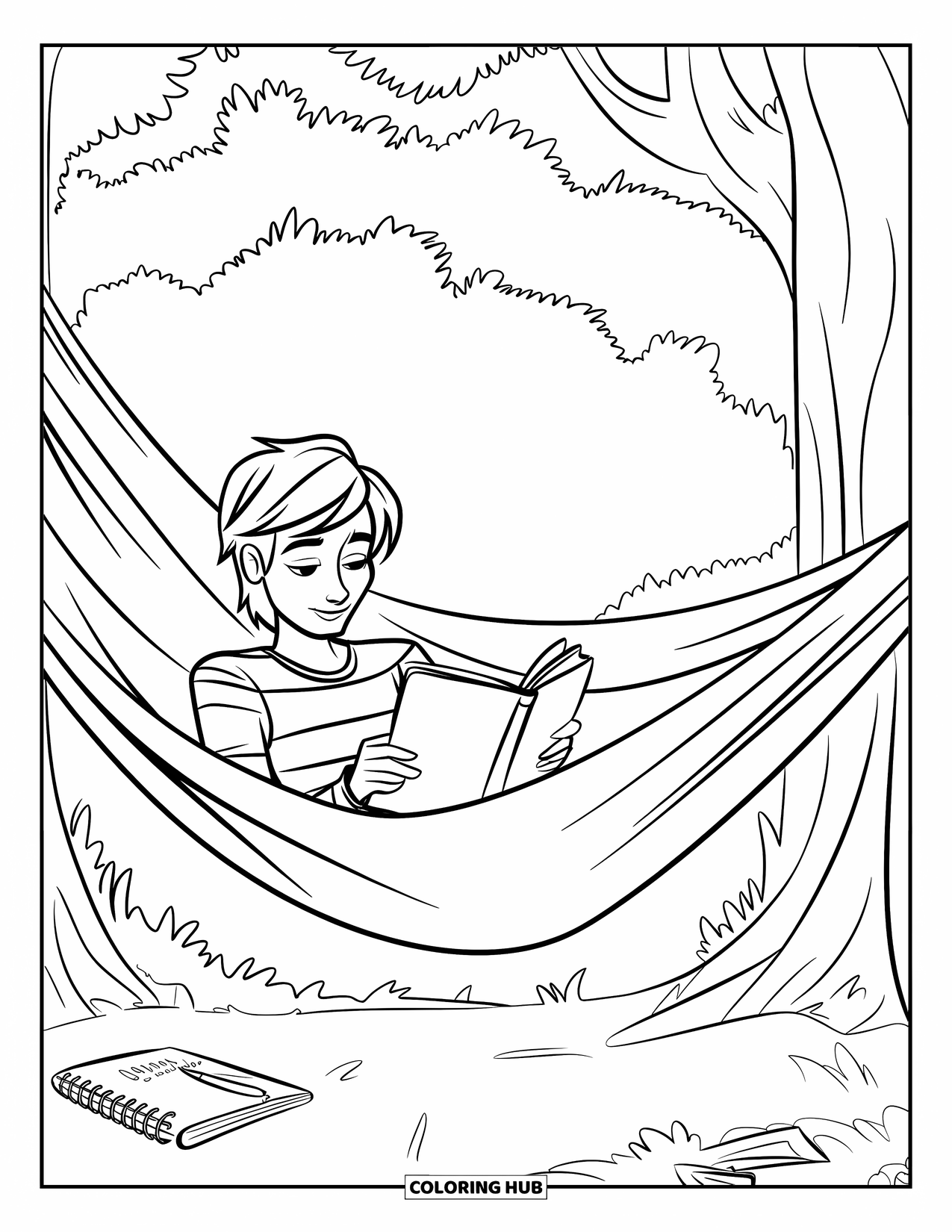 Reading Coloring Page for Kids: A teen relaxes in a hammock reading among trees and sketchpads