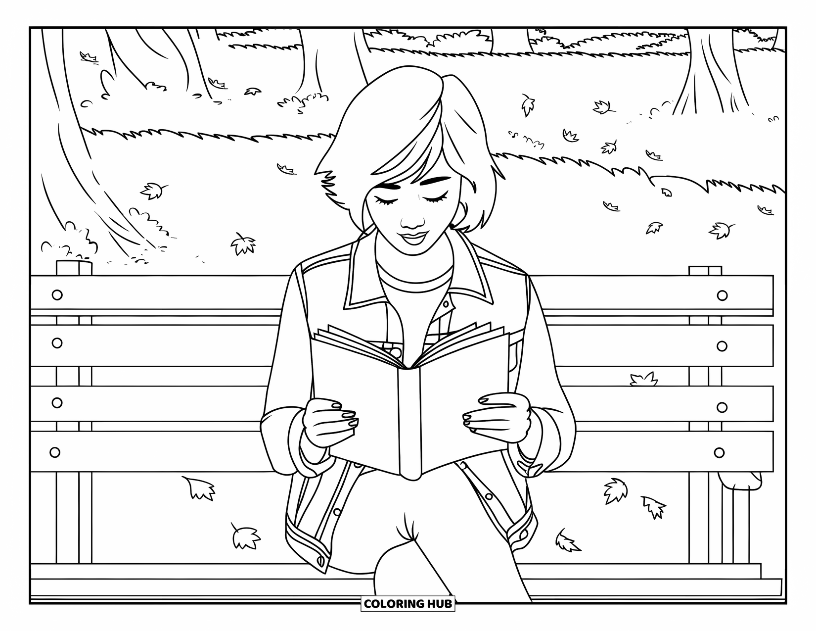Reading Coloring Page for Kids: A teen with short hair reads on a wooden bench under autumn trees
