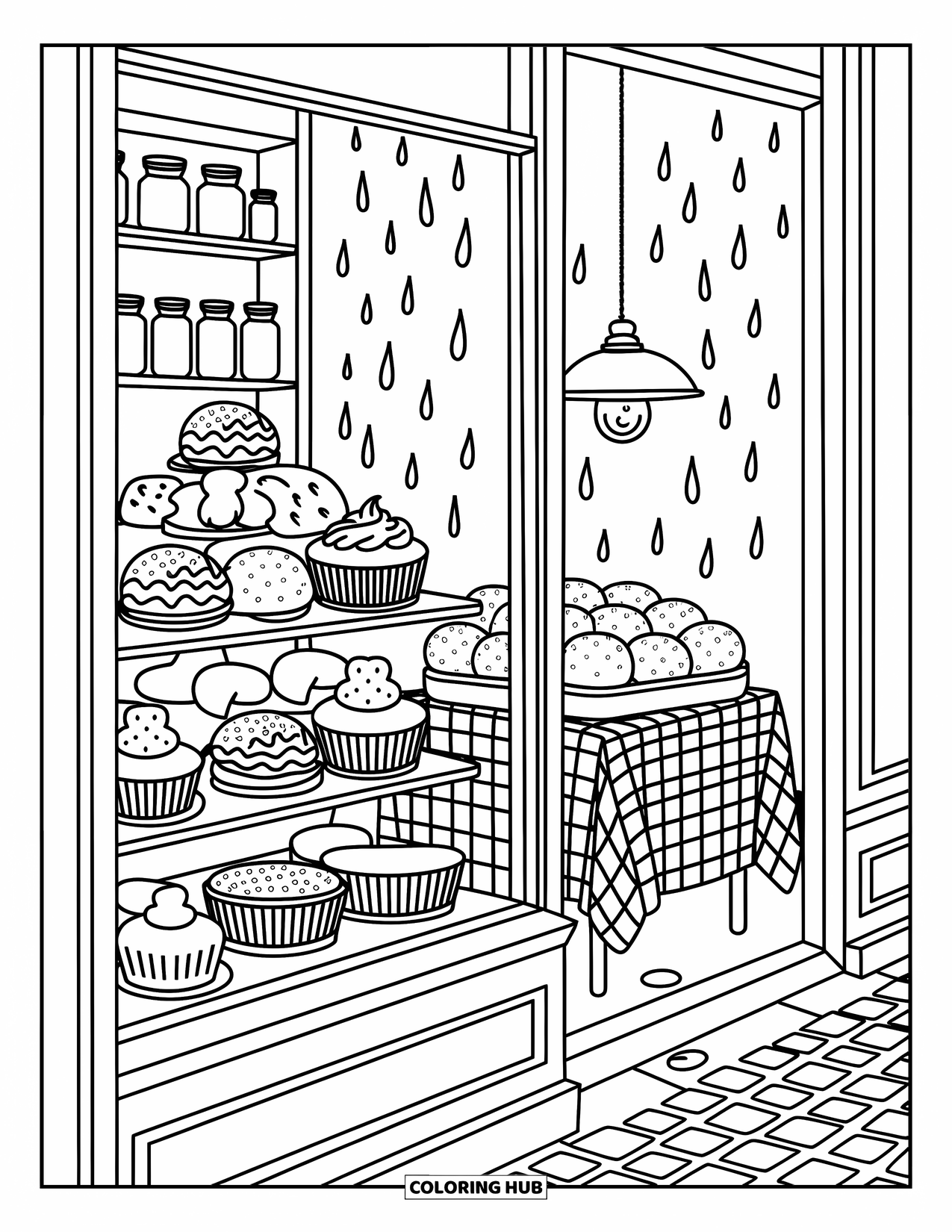 Relaxing Coloring Page for Adults: A bakery filled with sweets glows softly as rain falls outside