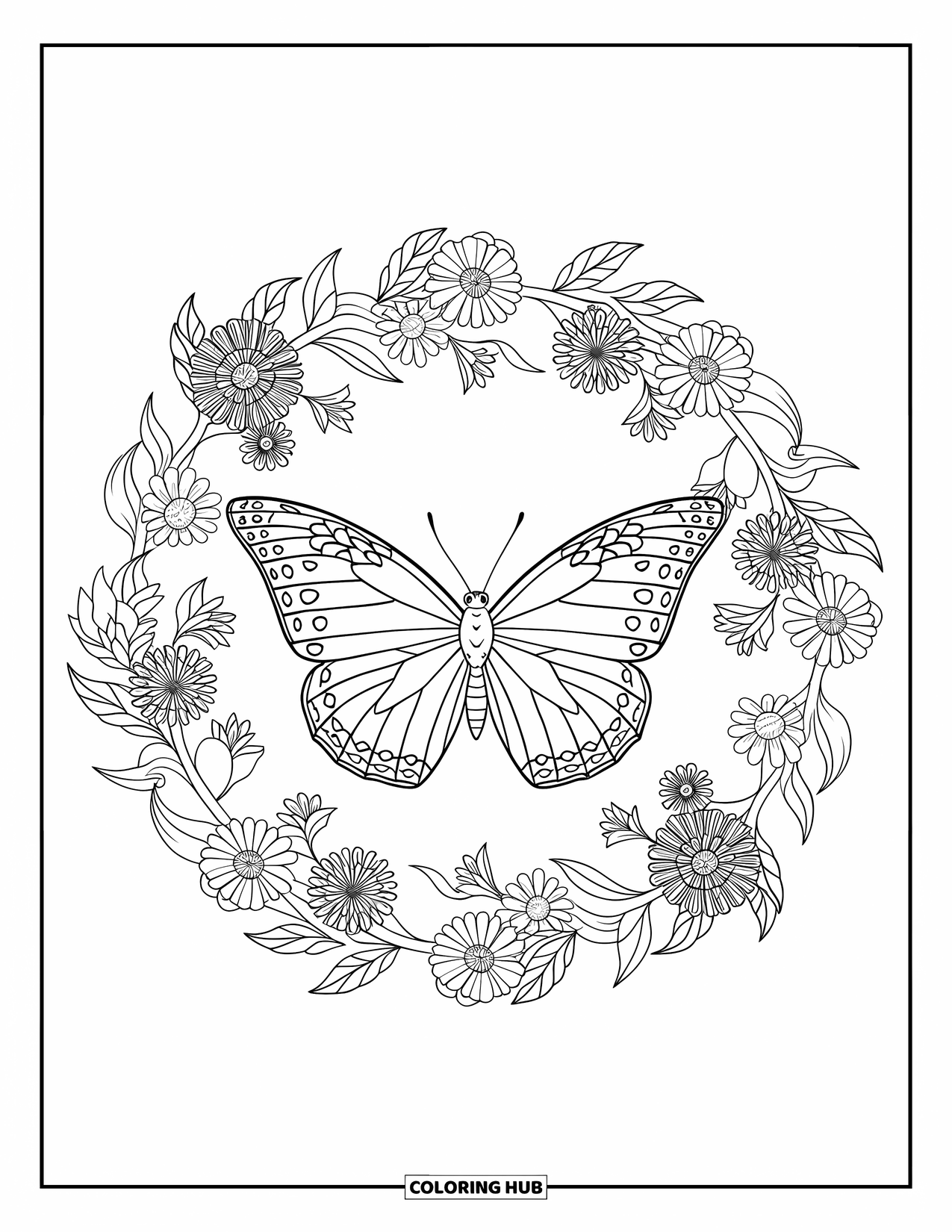 Relaxing Coloring Page for Adults: A butterfly soars in the center of a mandala of blooms and leaves