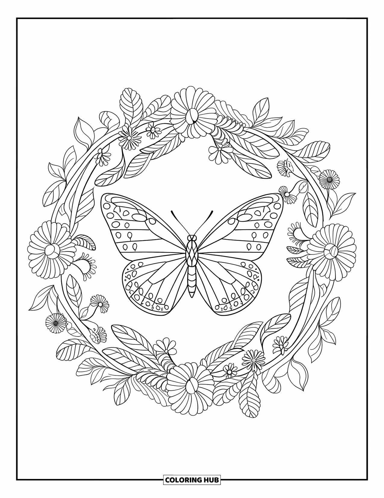 Relaxing Coloring Page for Adults: A butterfly with patterned wings floats within a flower-filled circle