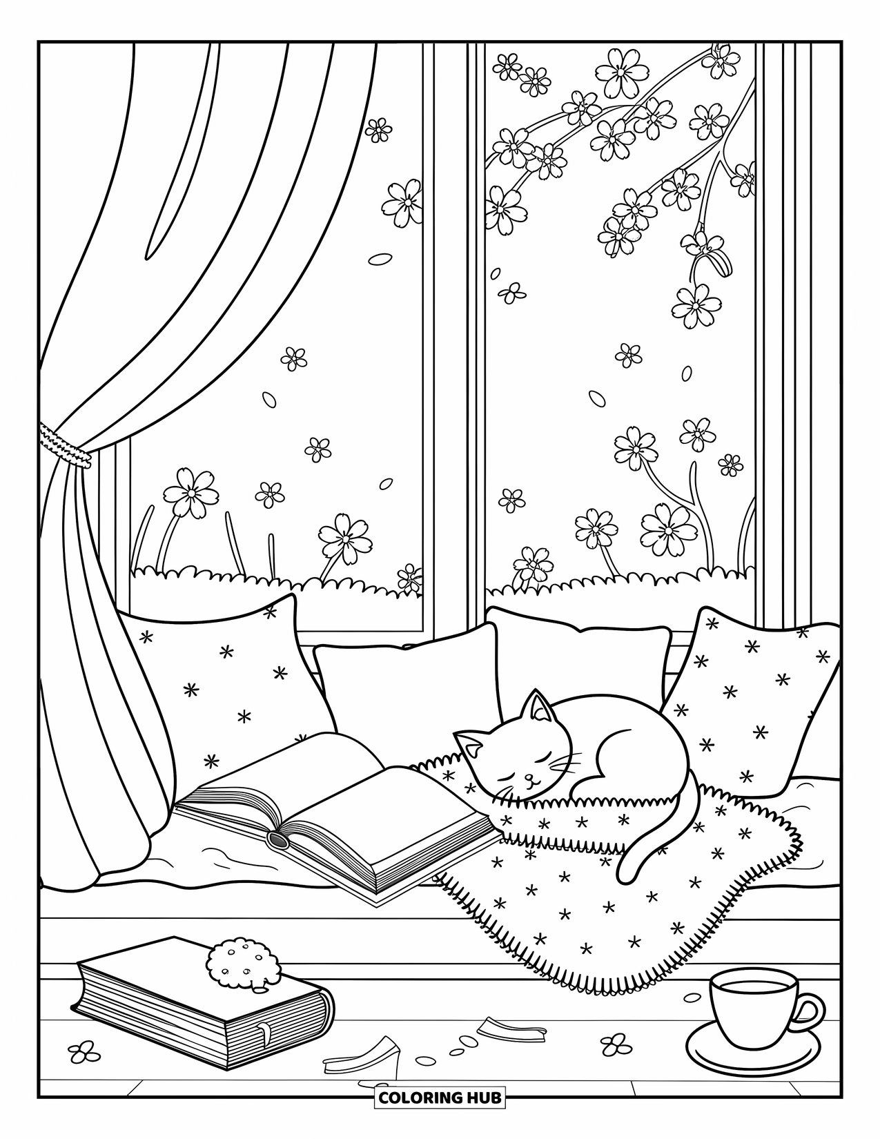 Relaxing Coloring Page for Adults: A cat naps by tea and books on a sunny, flower-filled windowsill