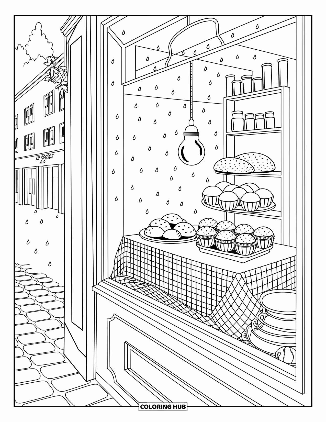 Relaxing Coloring Page for Adults: A cozy bakery window glows with pastries, rain, and warm streetlight