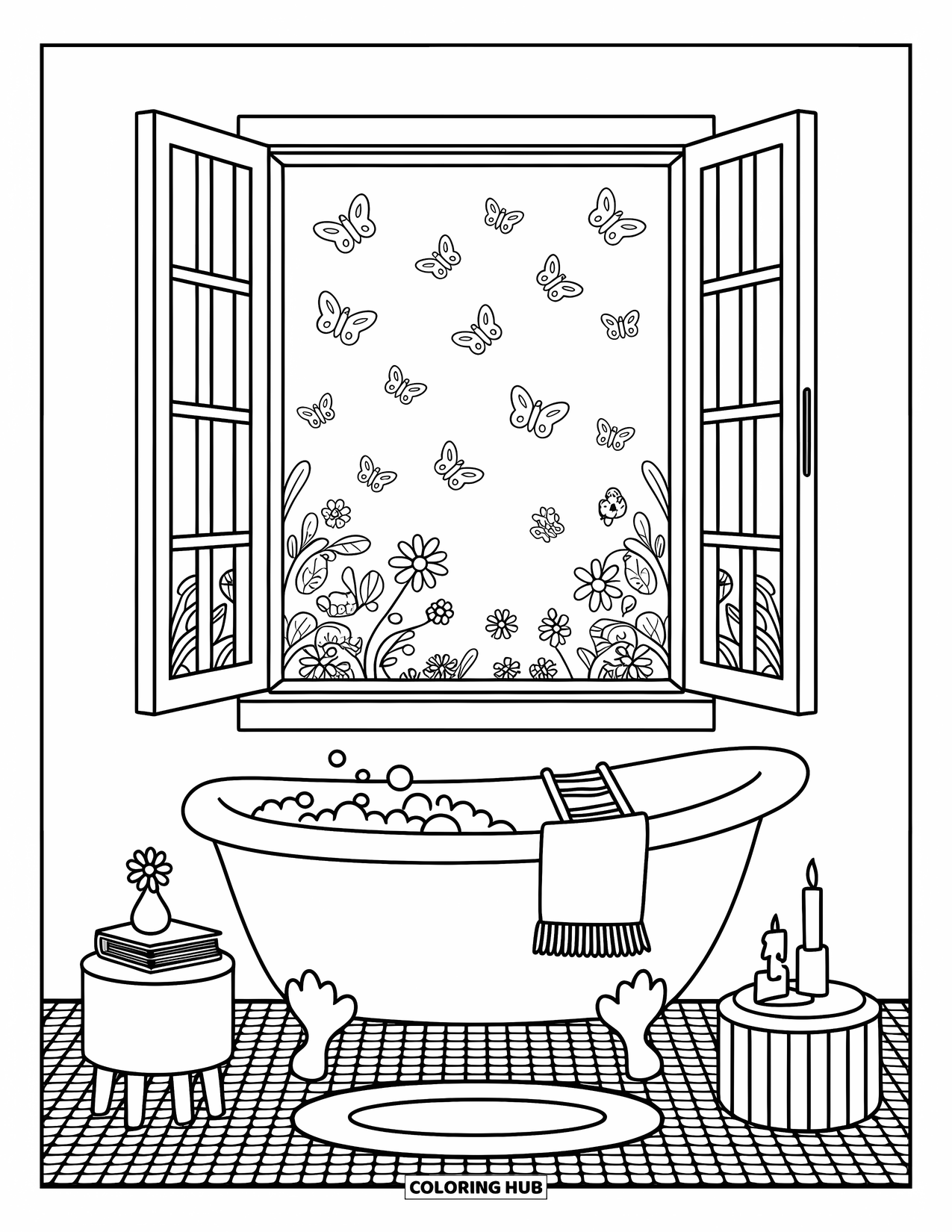 Relaxing Coloring Page for Adults: A cozy bath scene with bubbles, books, and a garden view