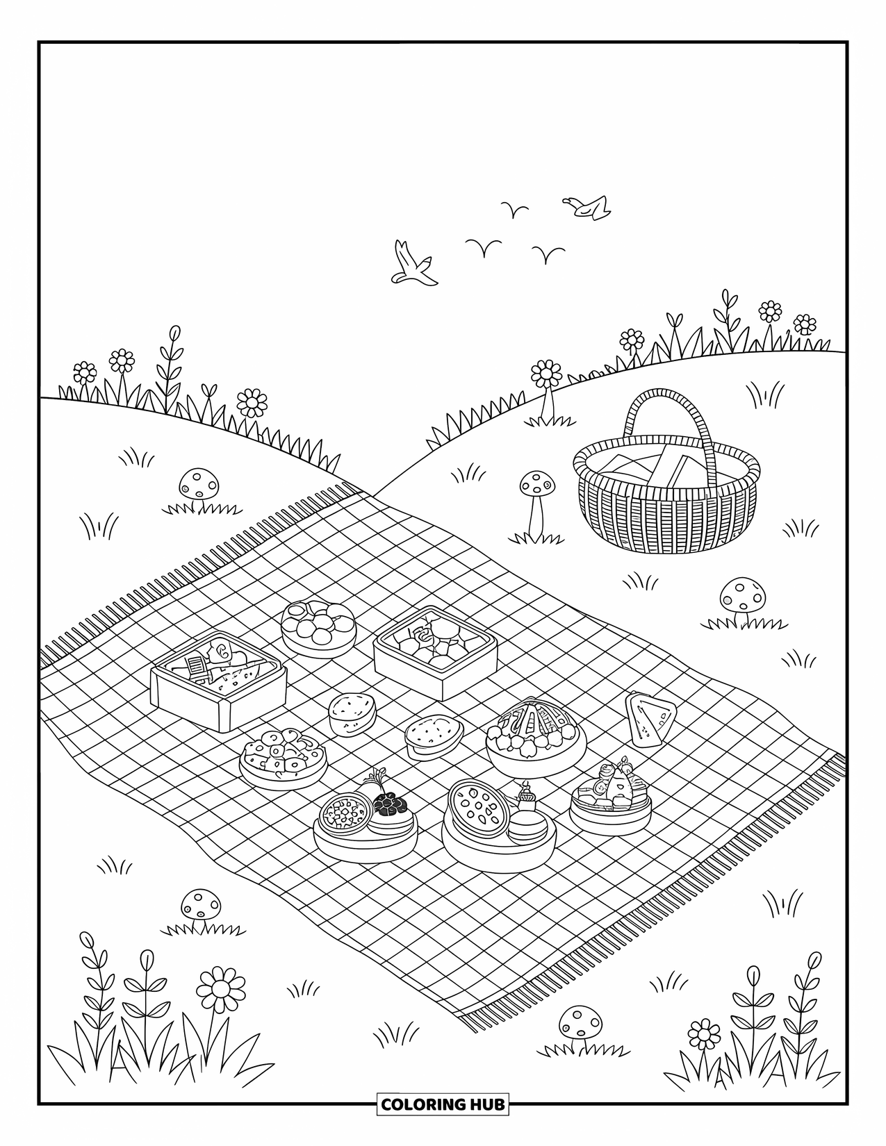 Relaxing Coloring Page for Adults: A cozy picnic on a grassy hill features cakes, flowers, and a dancing leaf