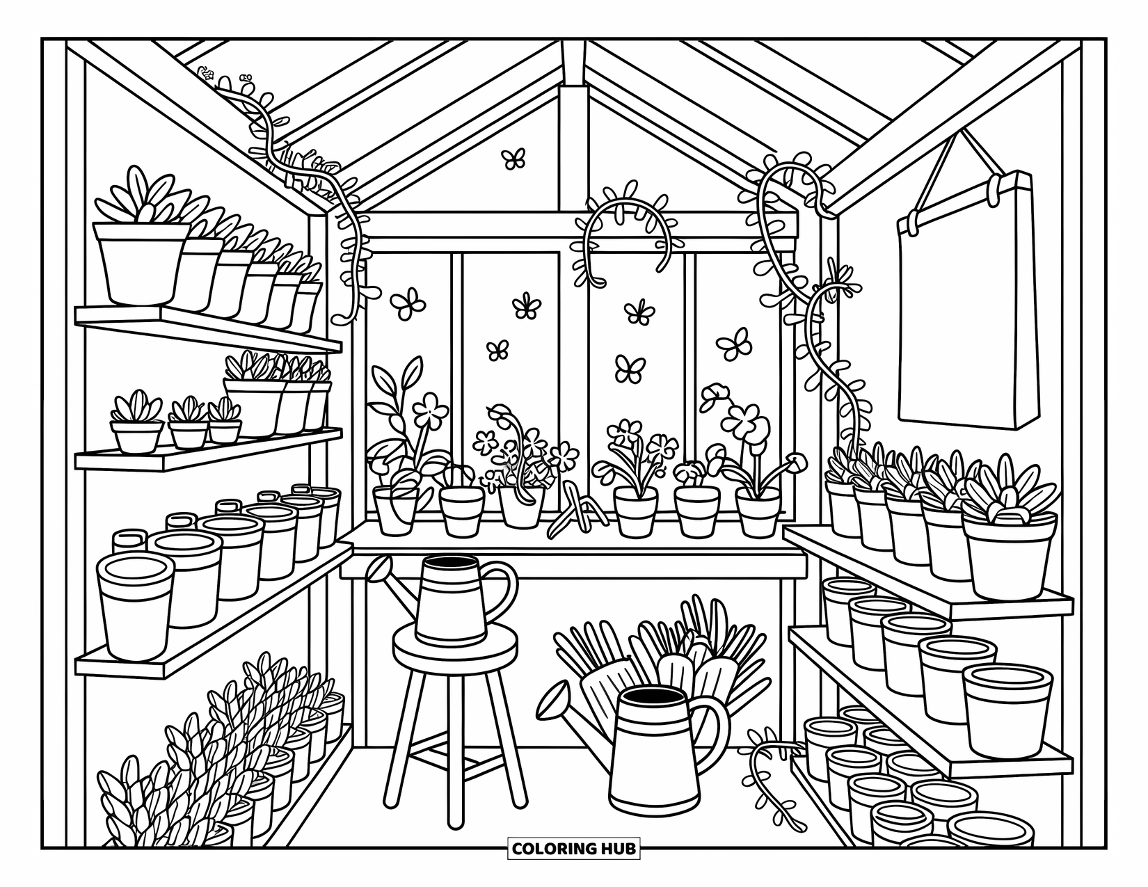 Relaxing Coloring Page for Adults: A cozy potting shed filled with clay pots, seedlings, and fluttering butterflies