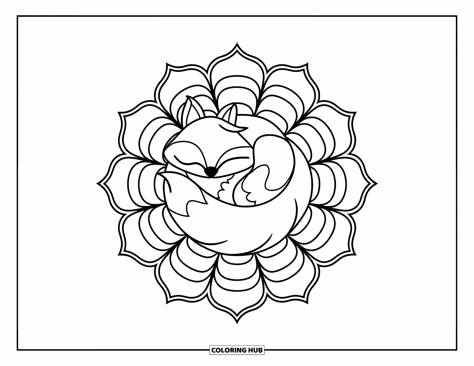 Relaxing Coloring Page for Adults: A curled fox rests at the center of a blooming flower mandala
