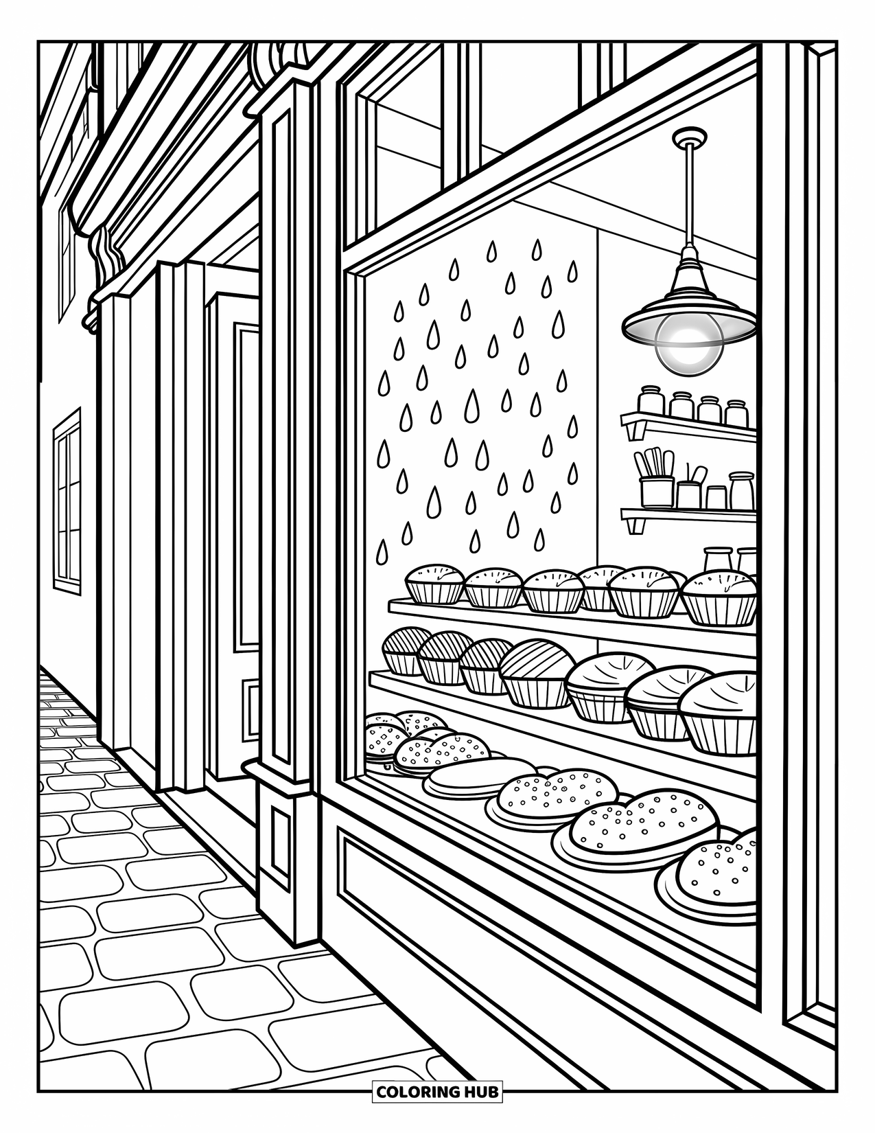 Relaxing Coloring Page for Adults: A cute bakery window shows pastries, rain puddles, and cozy light