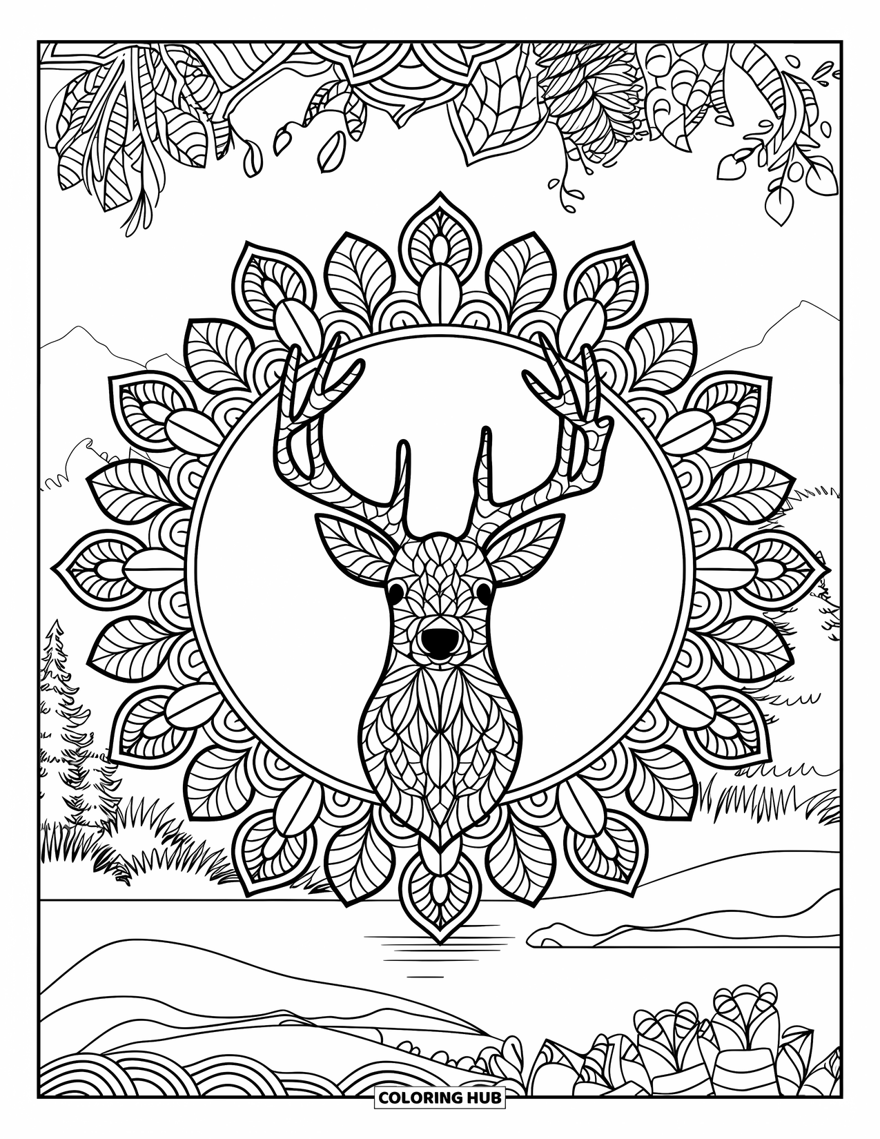 Relaxing Coloring Page for Adults: A deer silhouette rests in the center of a leafy floral mandala