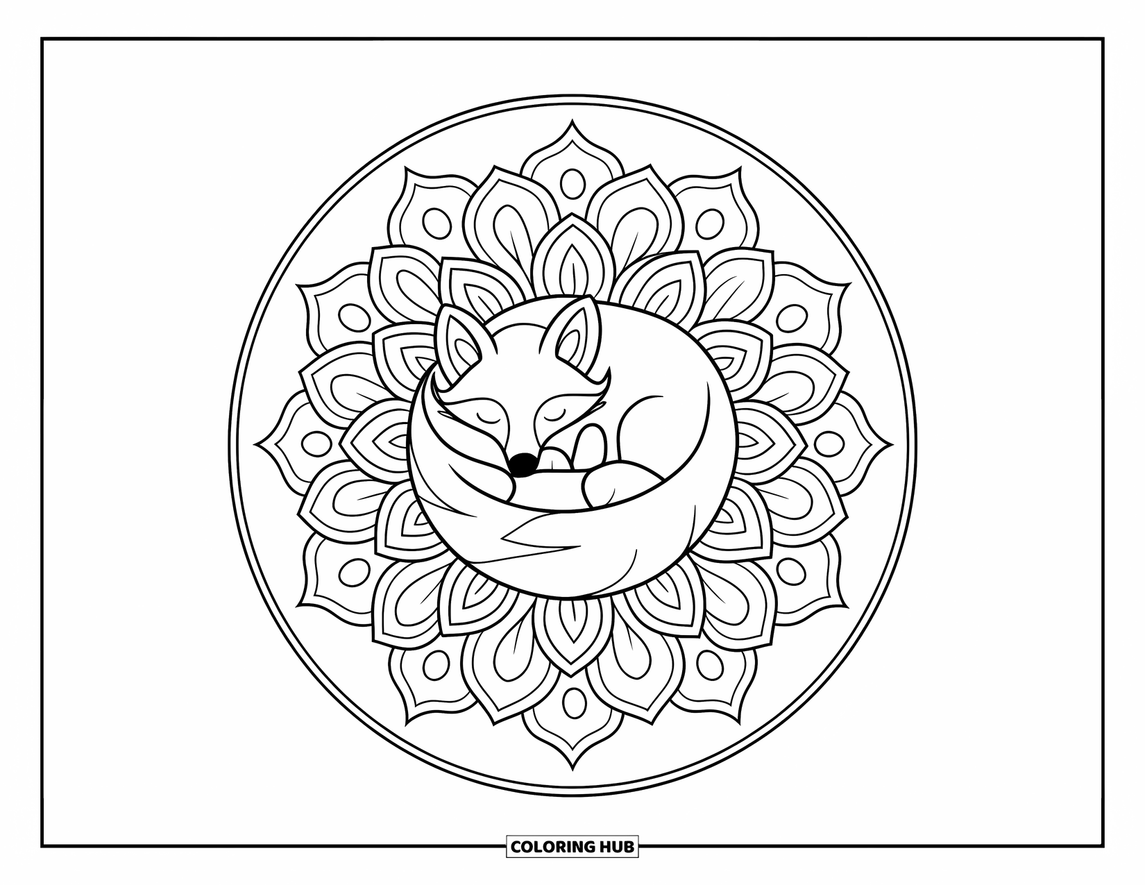 Relaxing Coloring Page for Adults: A fox sleeps sweetly within a circle of layered floral petals