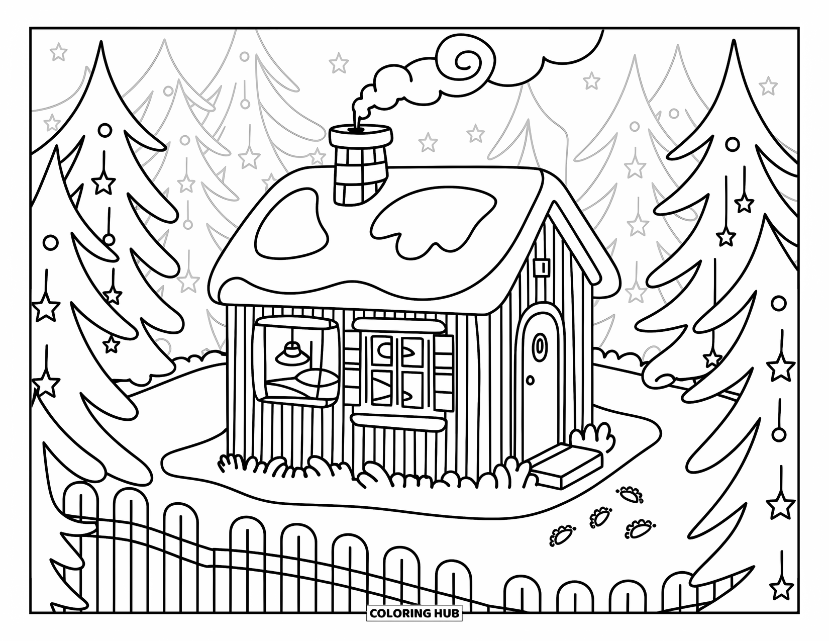 Relaxing Coloring Page for Adults: A snow-covered cabin sits among pine trees and sparkling hanging stars