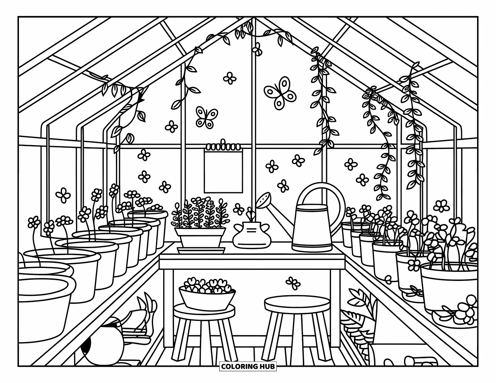 Relaxing Coloring Page for Adults: A sunlit potting shed brims with pots, tools, and lively butterflies